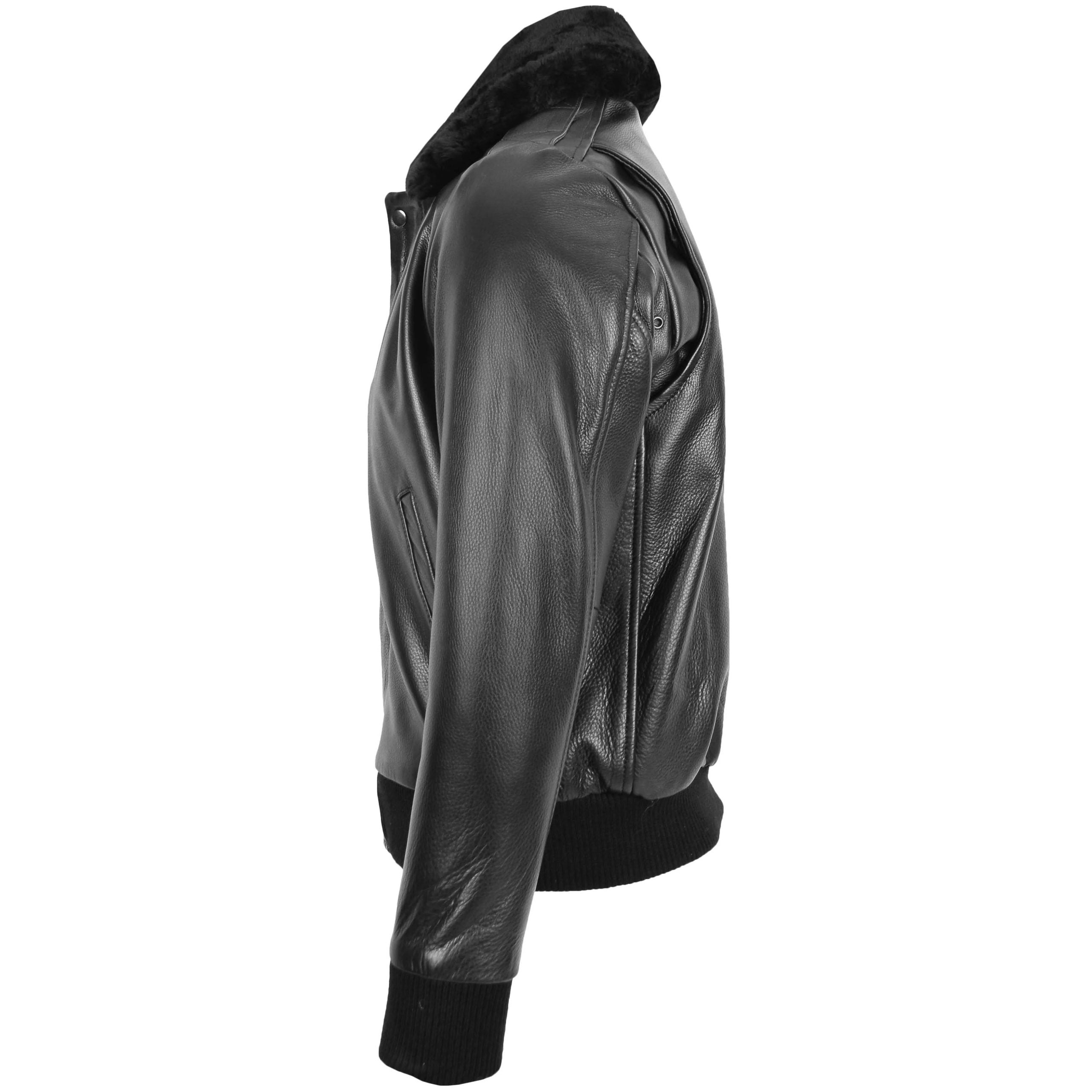 Mens Leather Bomber Pilot Jacket Removable Collar Leroy Nova Black