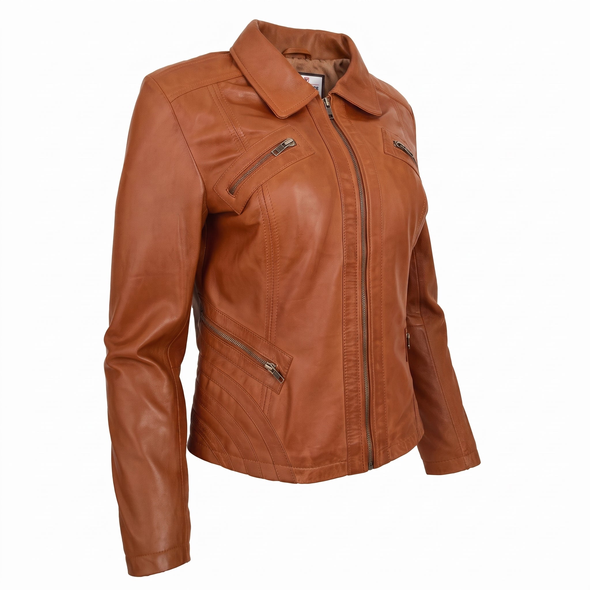 Womens Classic Leather Biker Zip Box Jacket Dynamo Tan