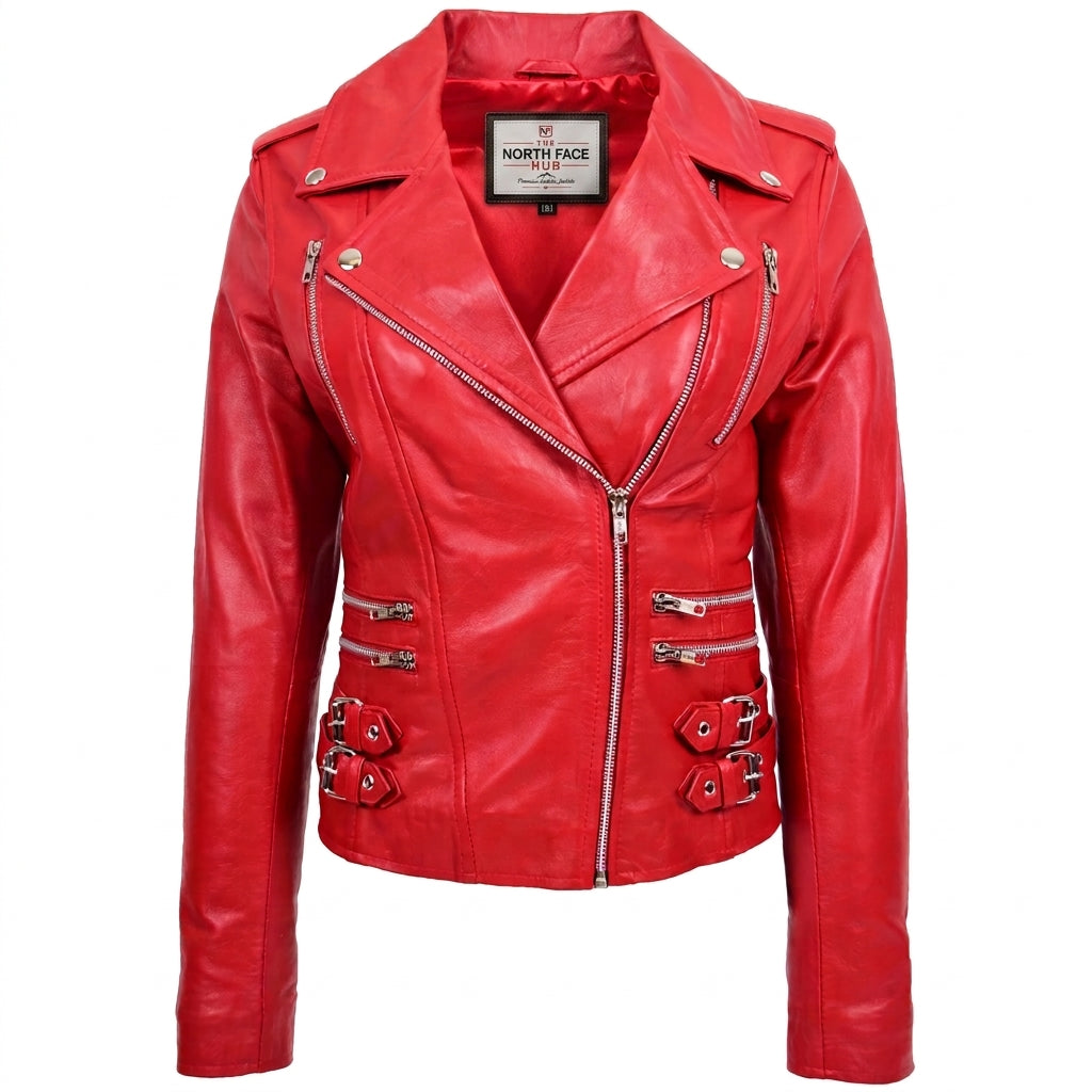Womens Cross Zip Biker Leather Jacket Cara Ignite Red