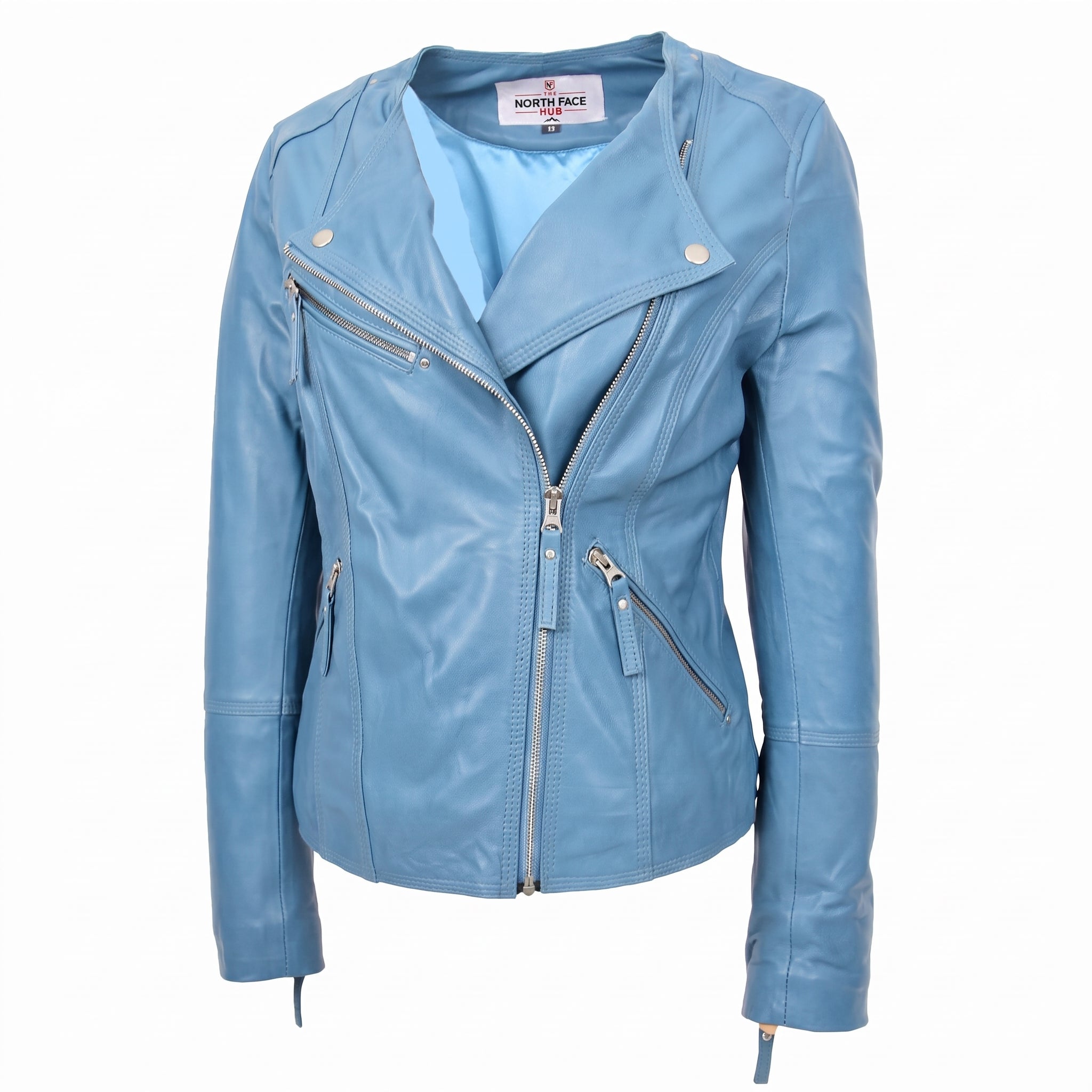 Womens Leather Casual Biker Jacket Shelly Cross Zip Tranquil Teal