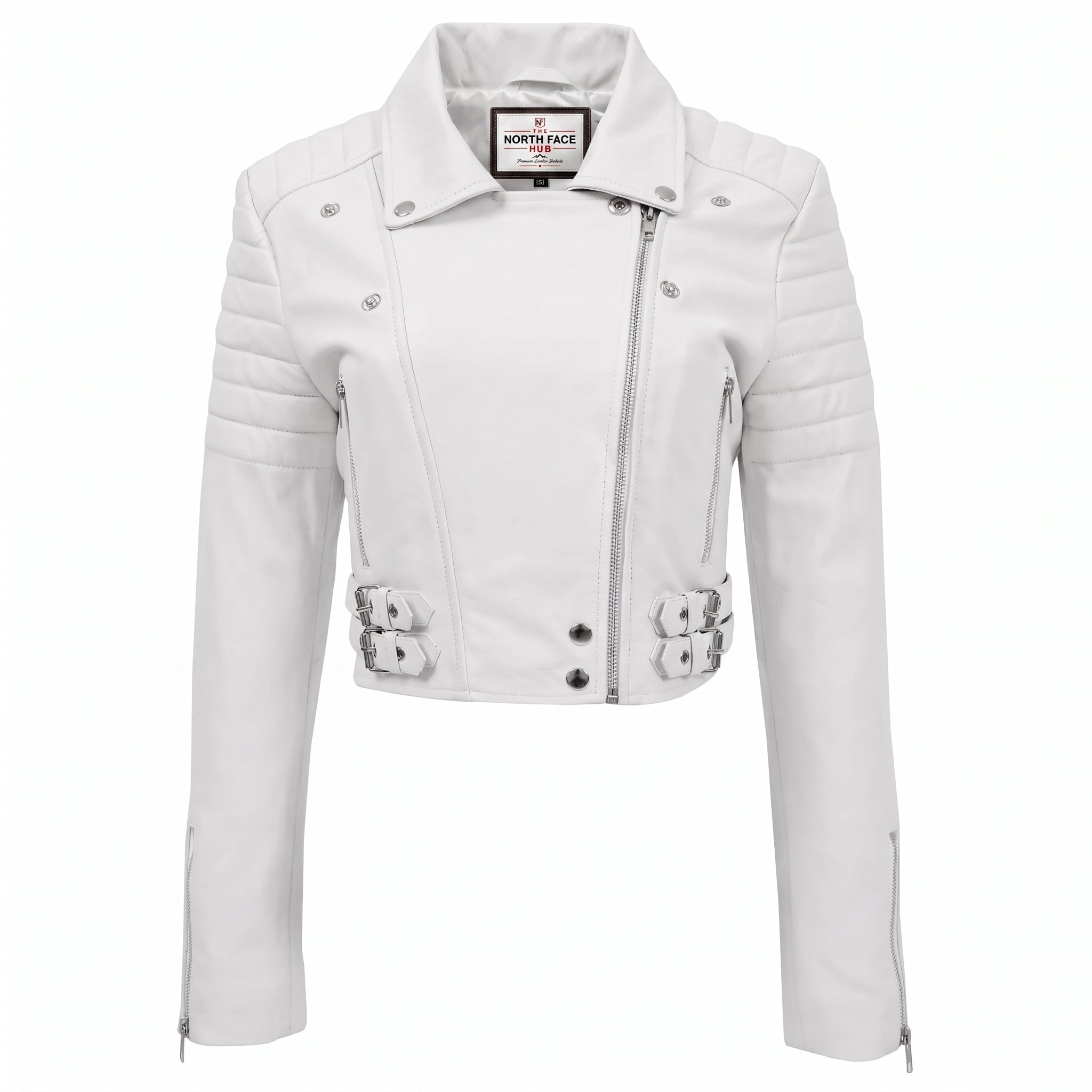 Womens Leather Cropped Biker Style Jacket Demi Astral White