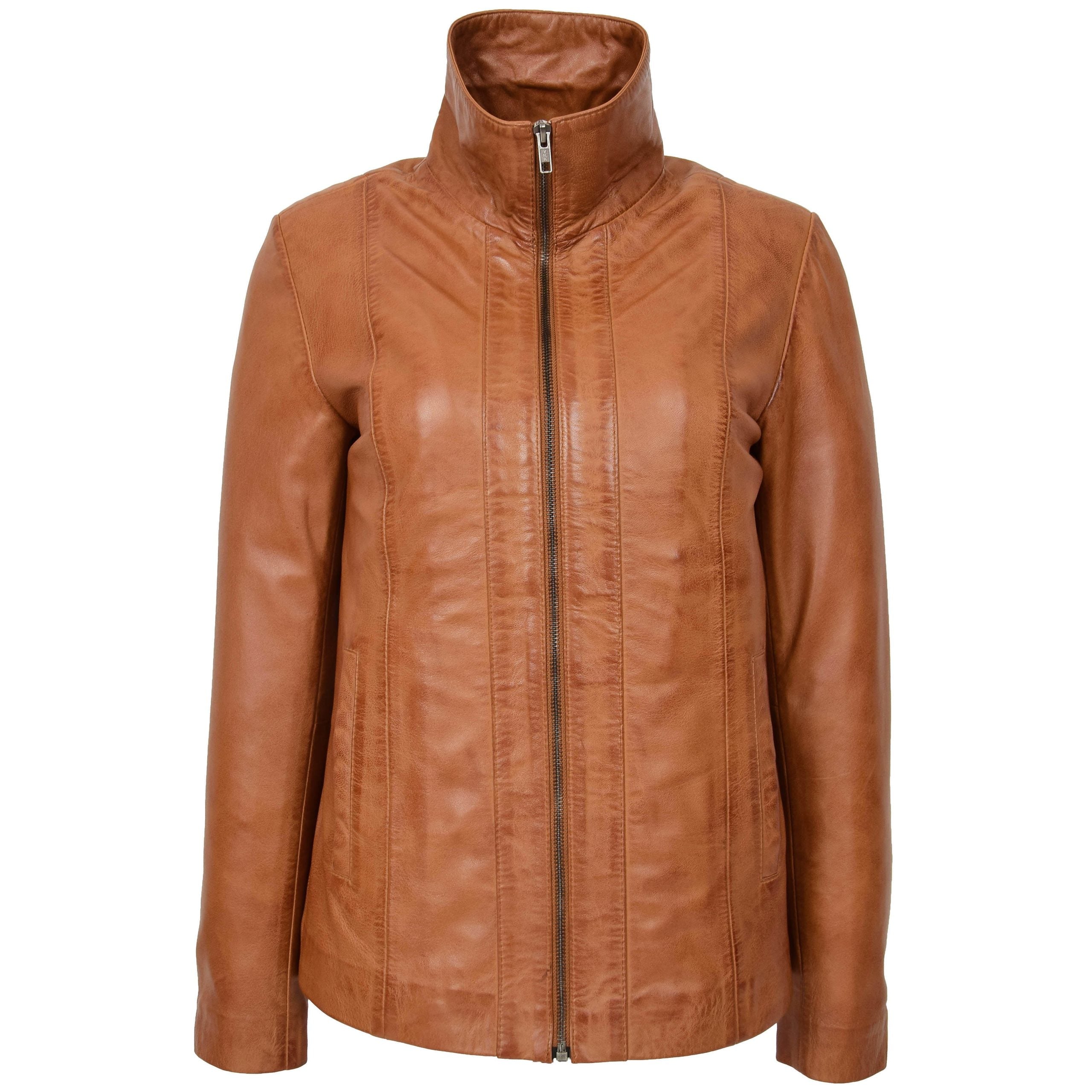 Womens Classic Zip Fastening Leather Jacket Julia Dynamo Tan