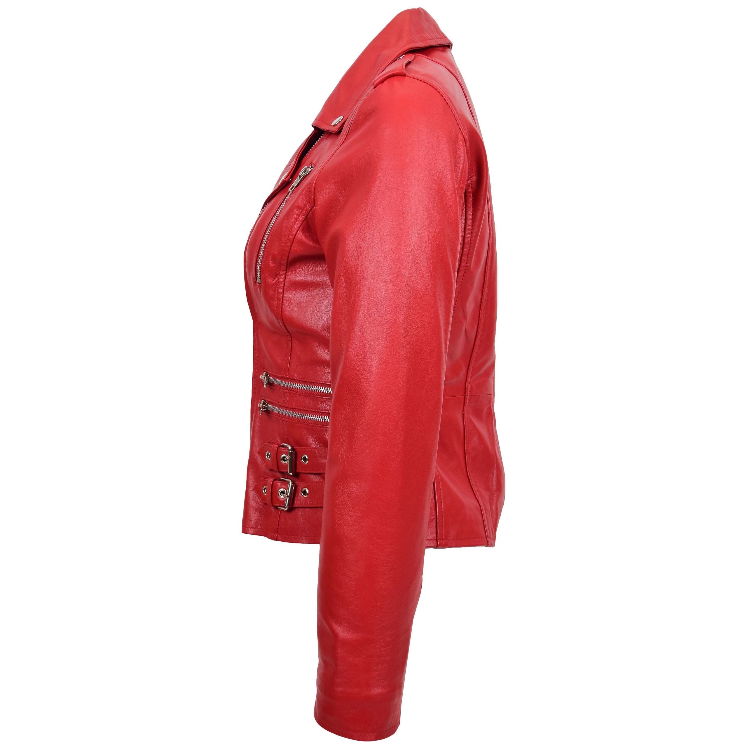 Womens Cross Zip Biker Leather Jacket Cara Ignite Red