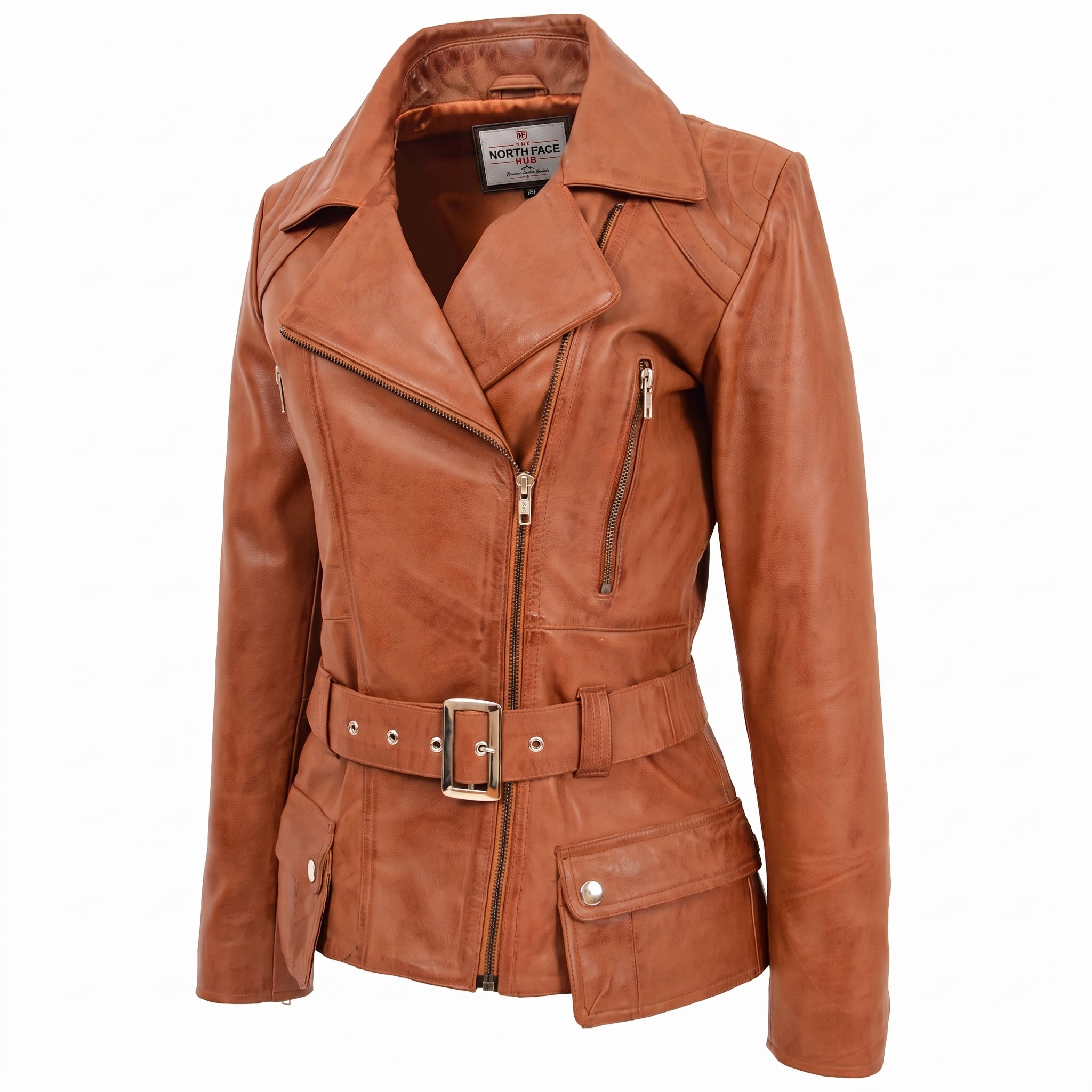 Womens Leather Hip Length Biker Jacket Celia Dynamo Tan