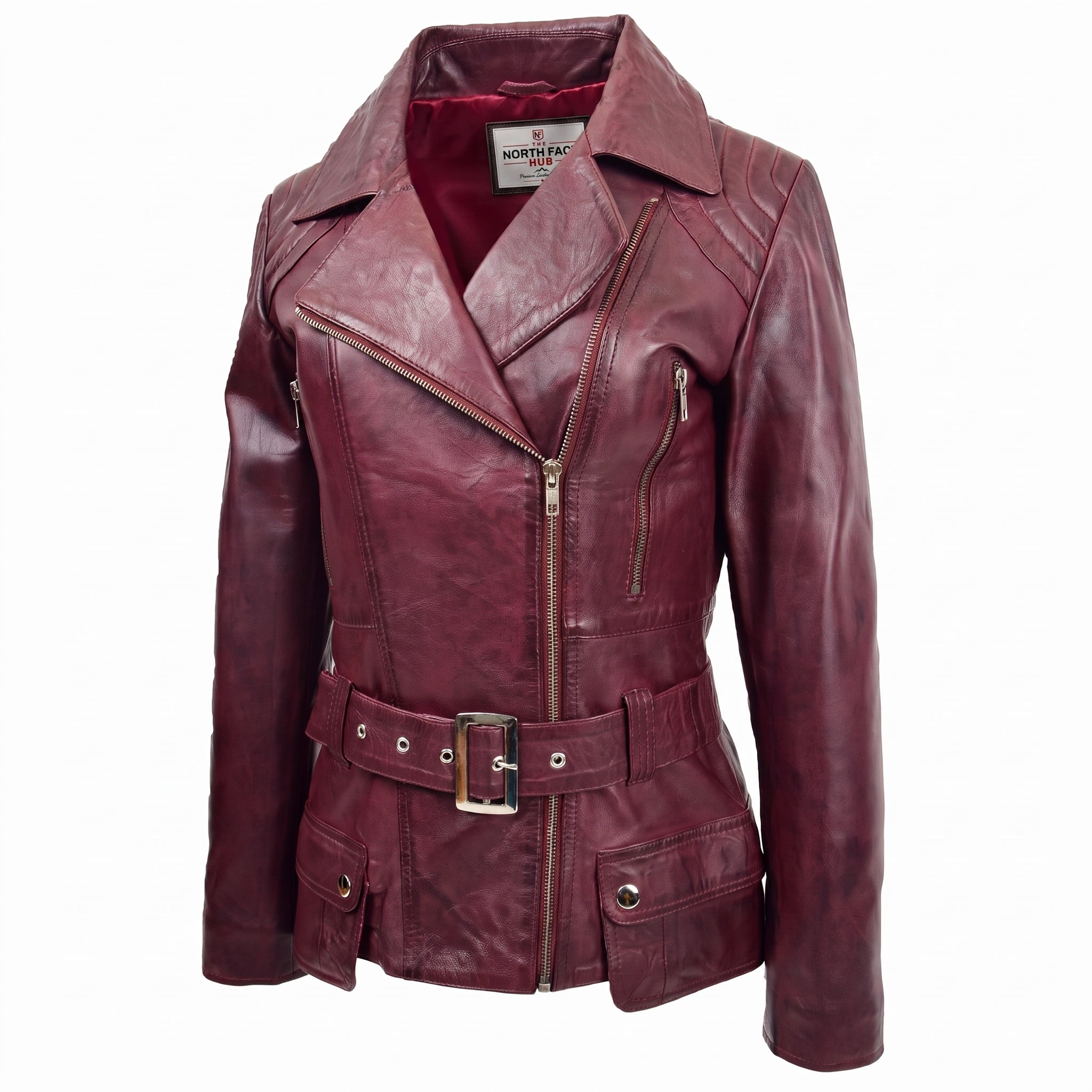Womens Leather Hip Length Biker Jacket Celia Infinite Burgundy