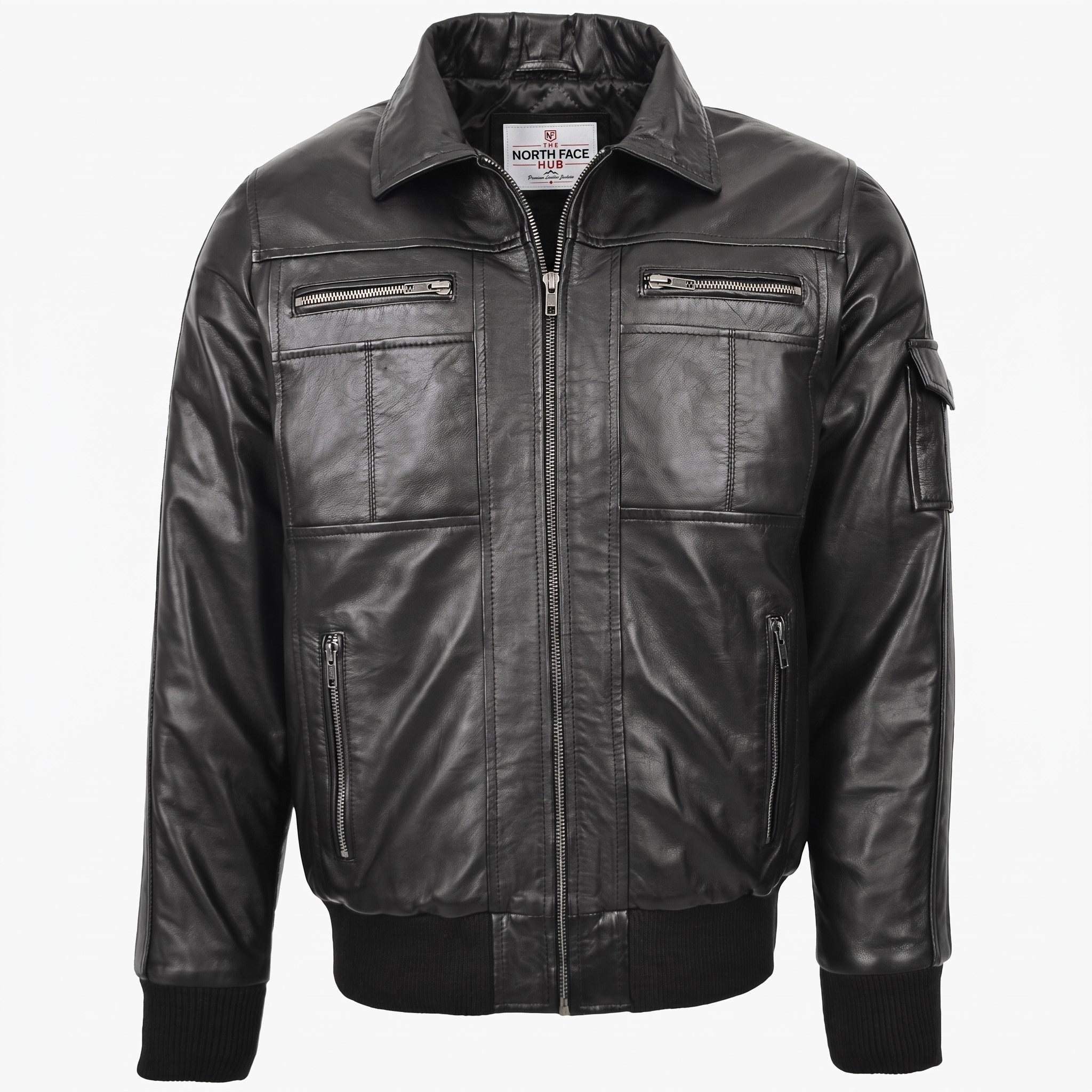 Mens Leather Bomber Jacket with Hoodie Bronx Nova Black