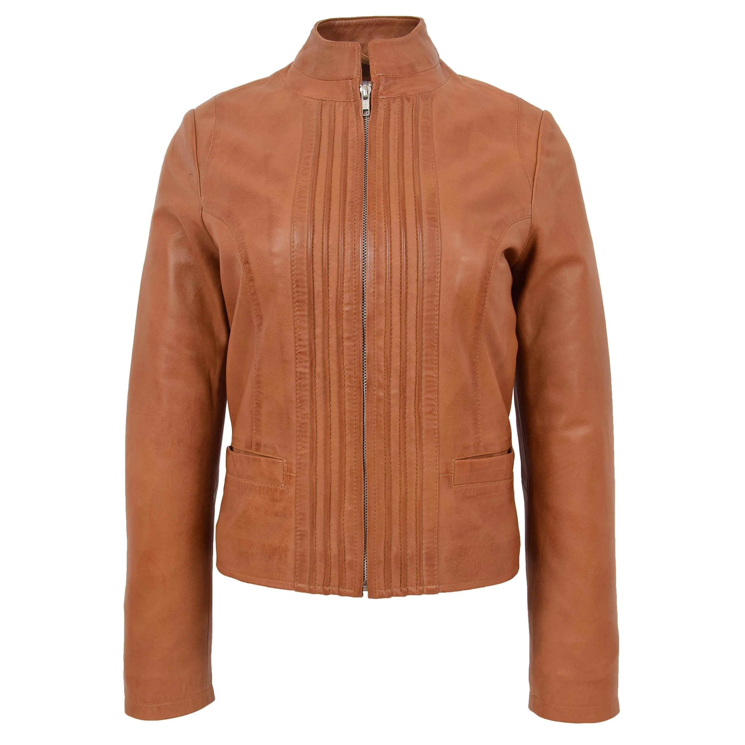 Womens Leather Casual Standing Collar Jacket Dynamo Tan