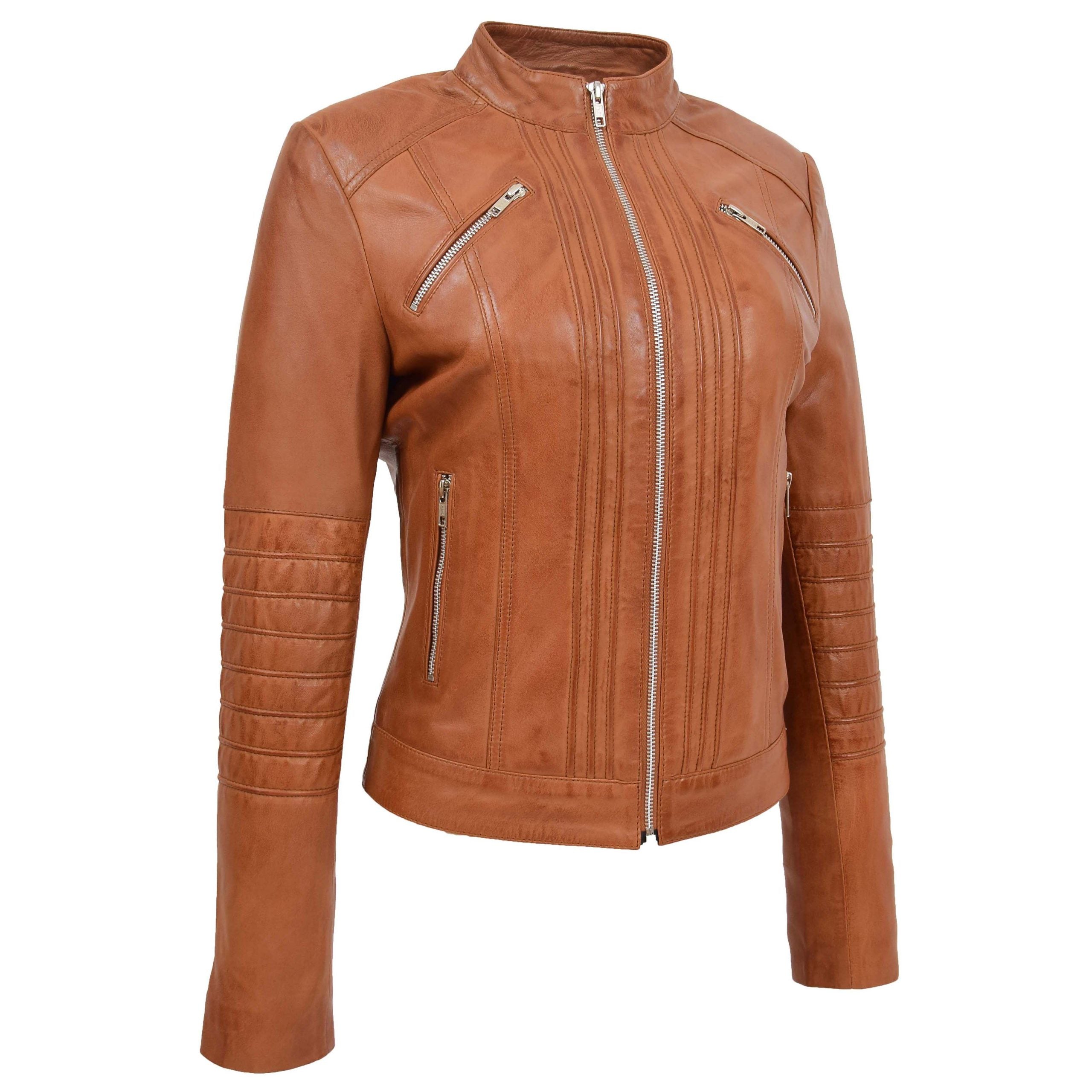 Womens Leather Classic Biker Style Jacket Dynamo Tan
