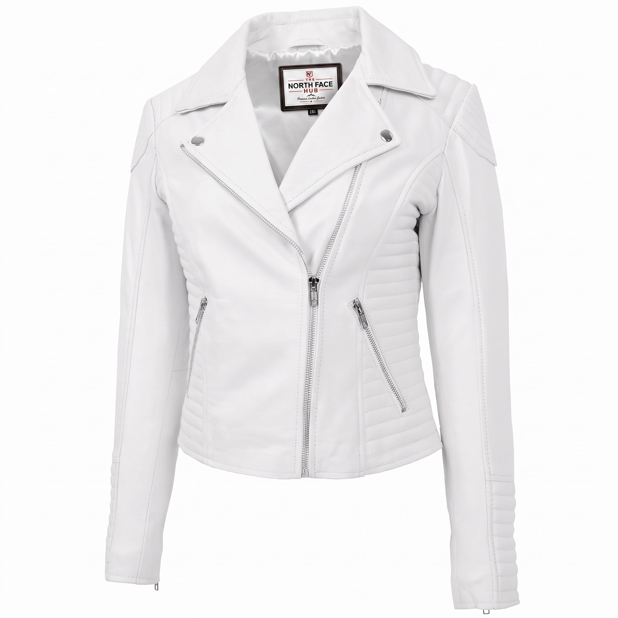 Womens Soft Leather Cross Zip Biker Jacket Anna Astral White