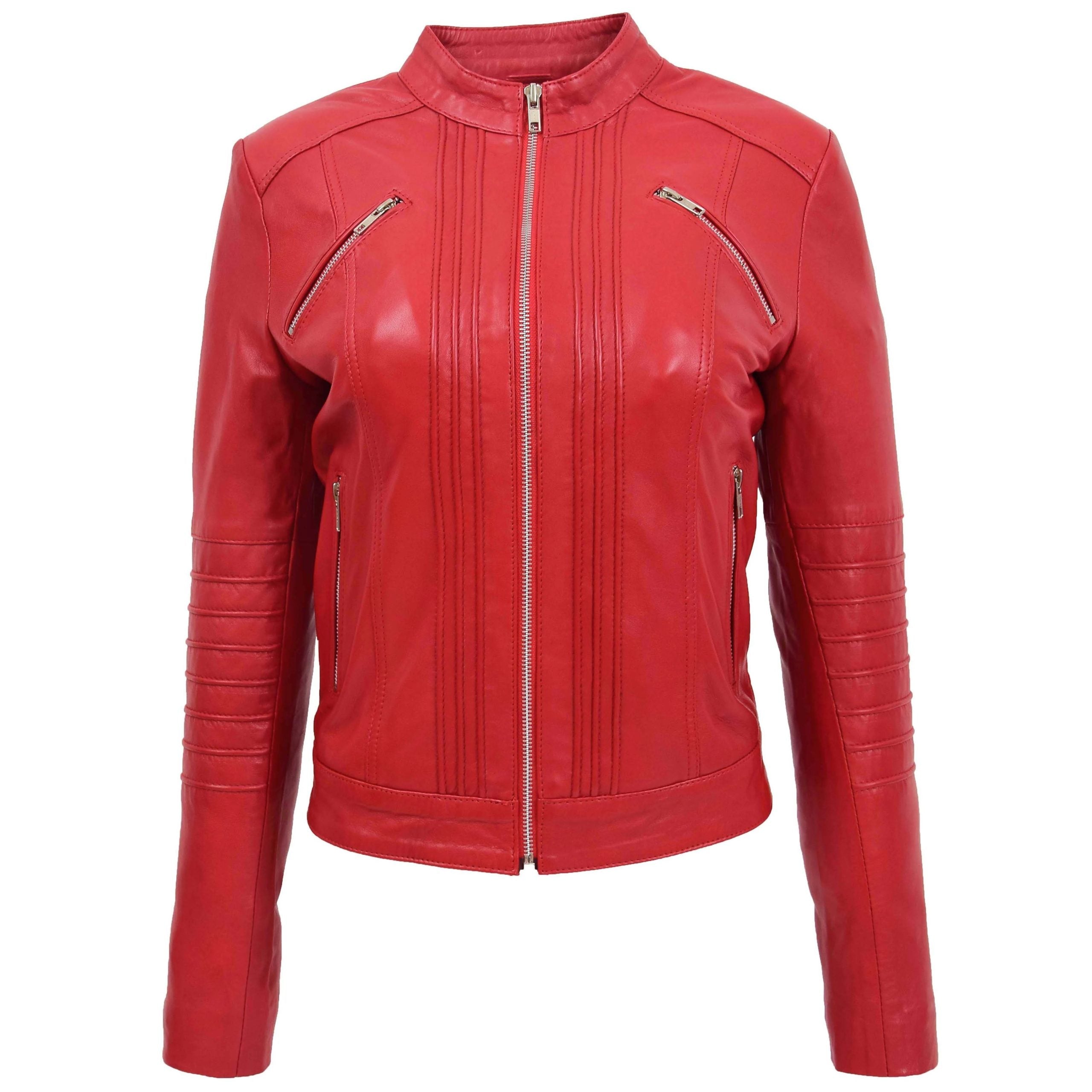 Womens Leather Classic Biker Style Jacket Ignite Red