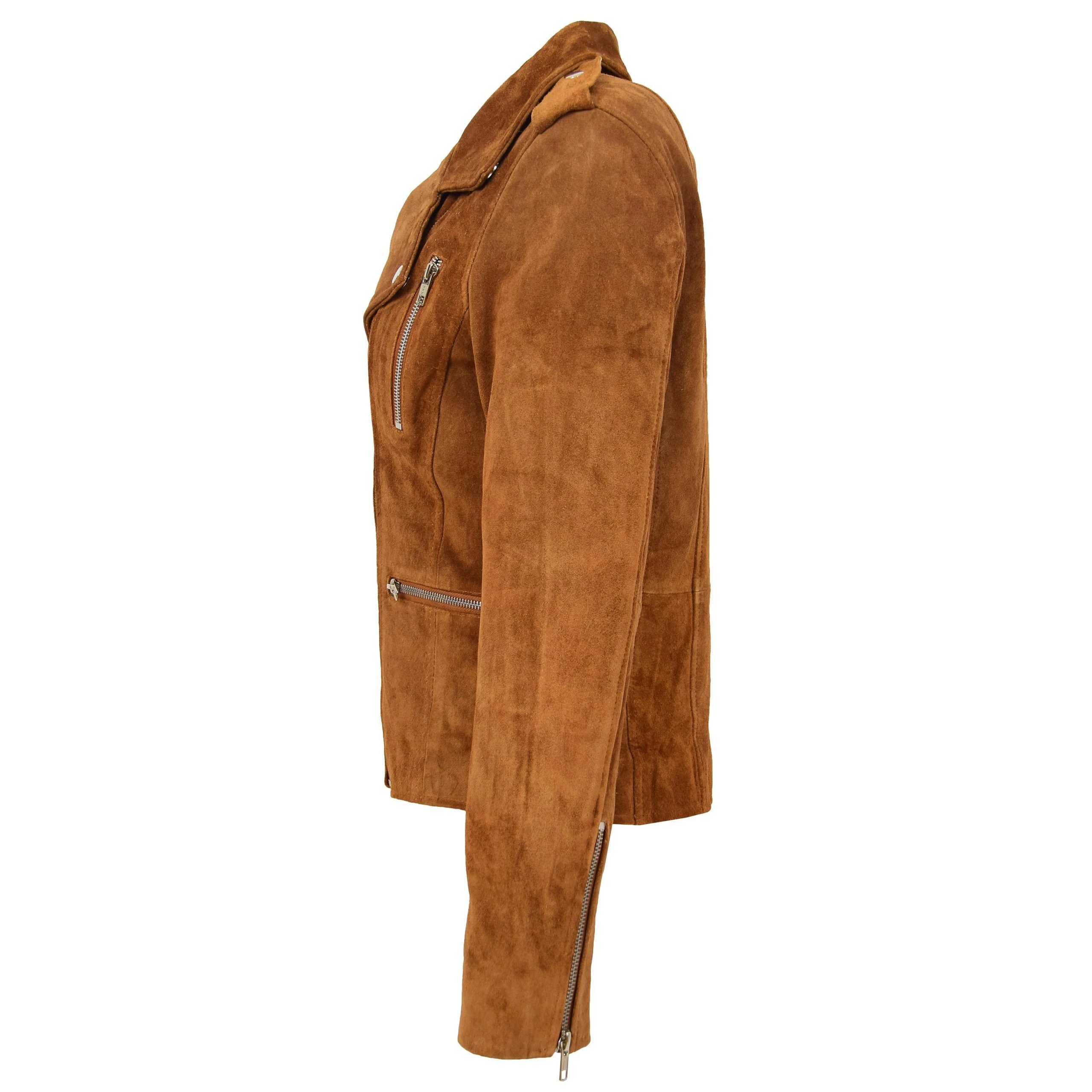 Womens Suede Biker Style Zip Jacket Skylar Dynamo Tan