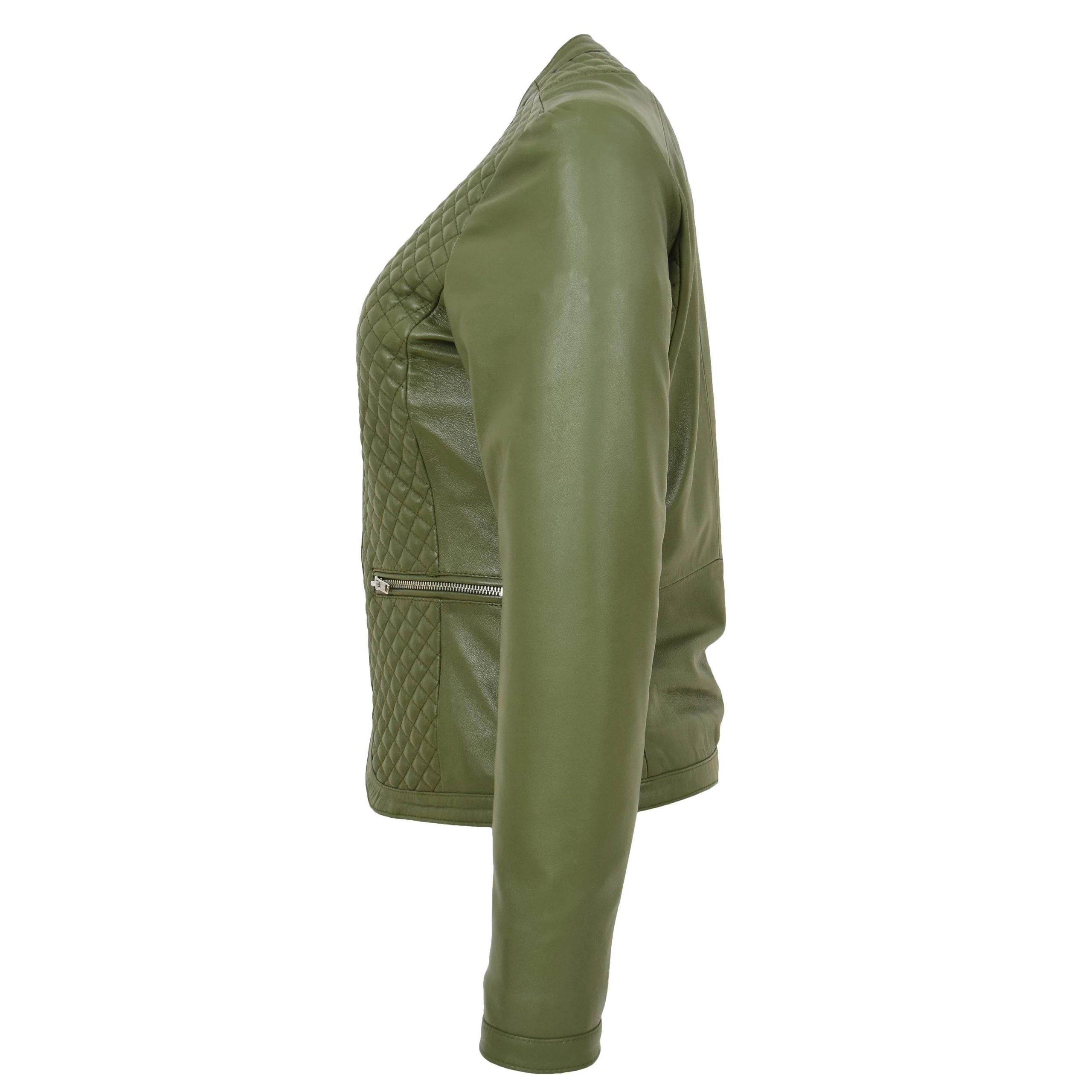 Womens Leather Collarless Jacket with Quilt Design Joan Aurora Olive Green