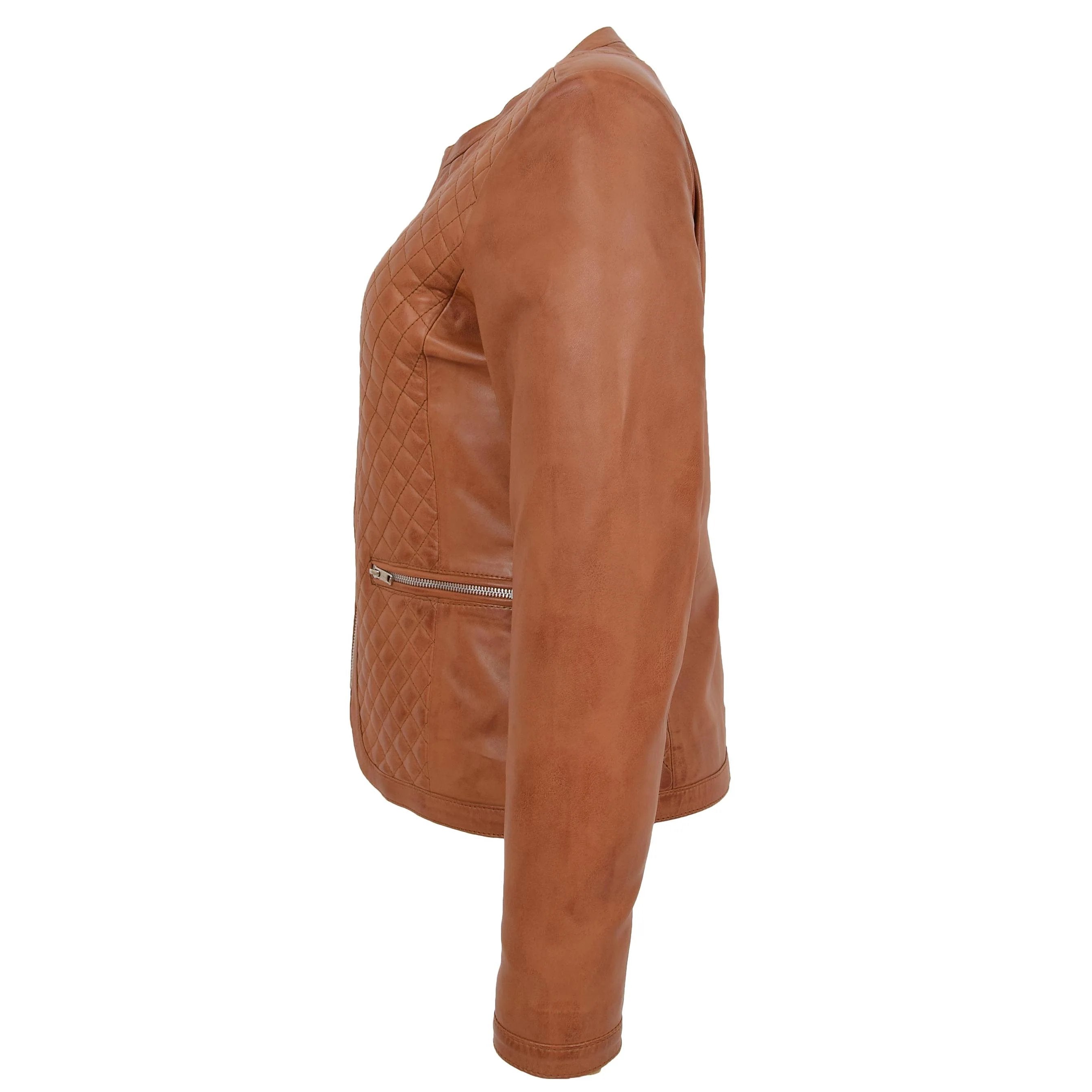 Womens Leather Collarless Jacket with Quilt Design Joan Dynamo Tan
