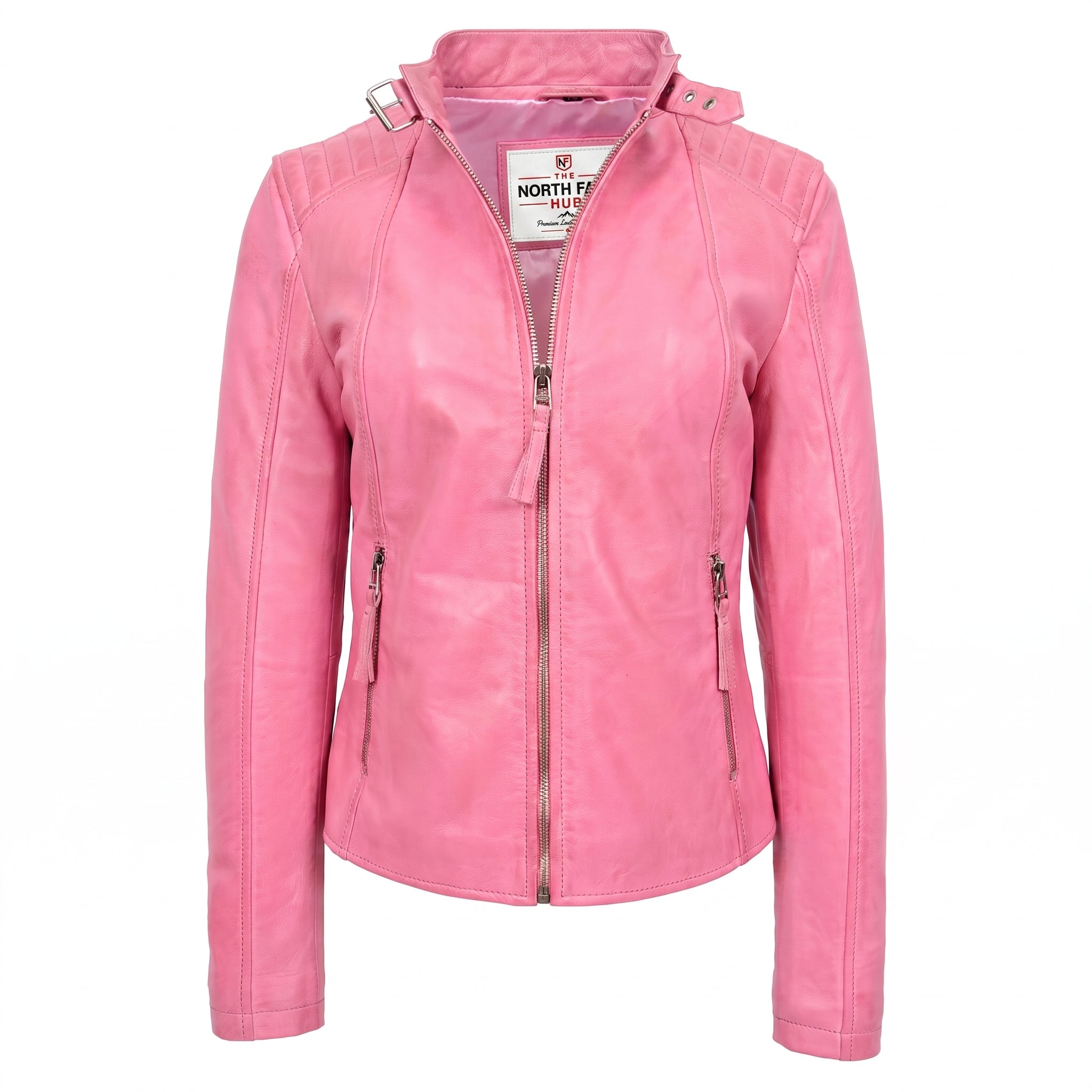 Womens Real Leather Classic Biker Jacket Sophia Baby Chroma Pink