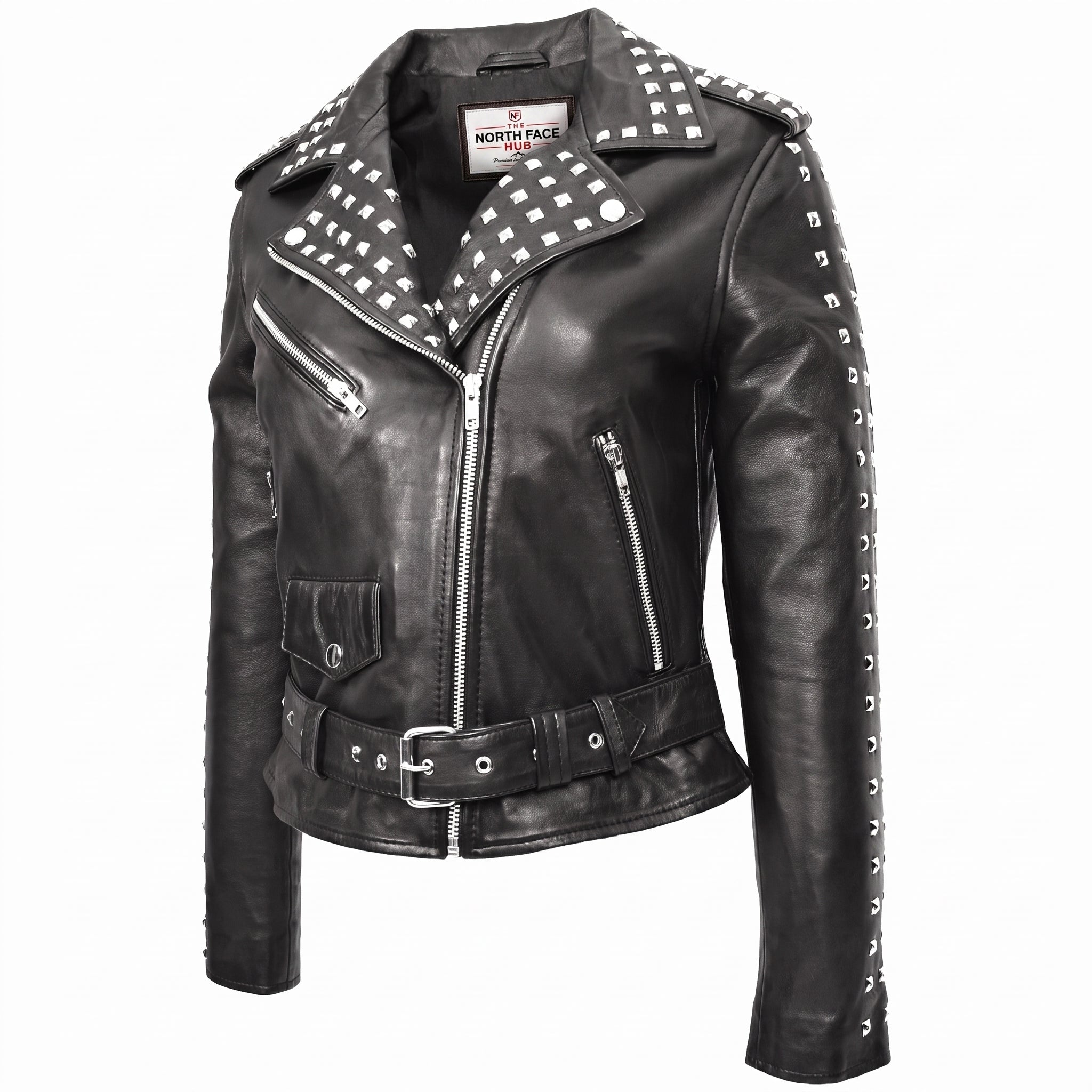 Womens Real Leather Biker Jacket Studded Brando Jacket Heidi Nova Black
