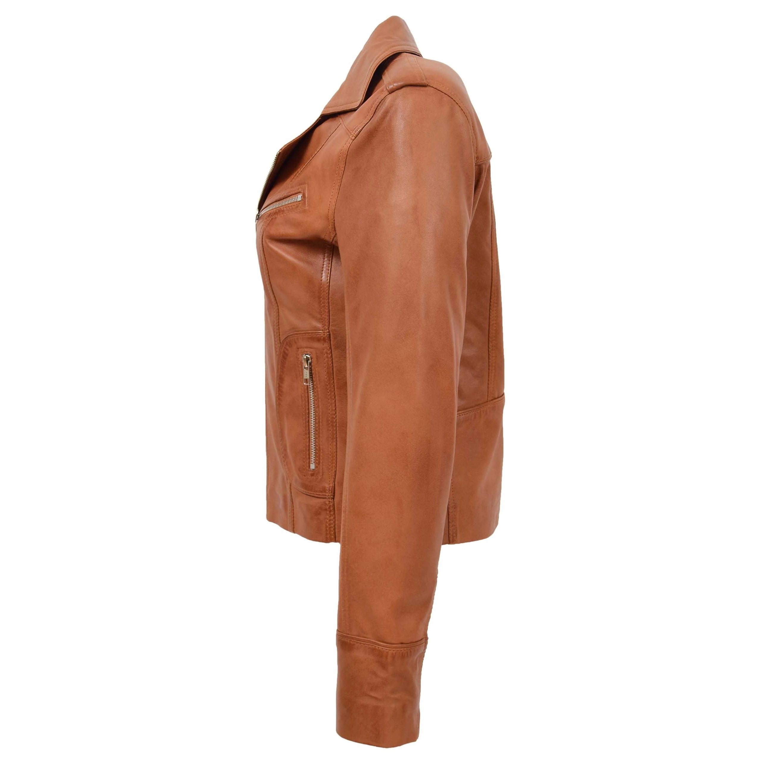Womens Leather Fitted Biker Style Jacket Kim Dynamo Tan