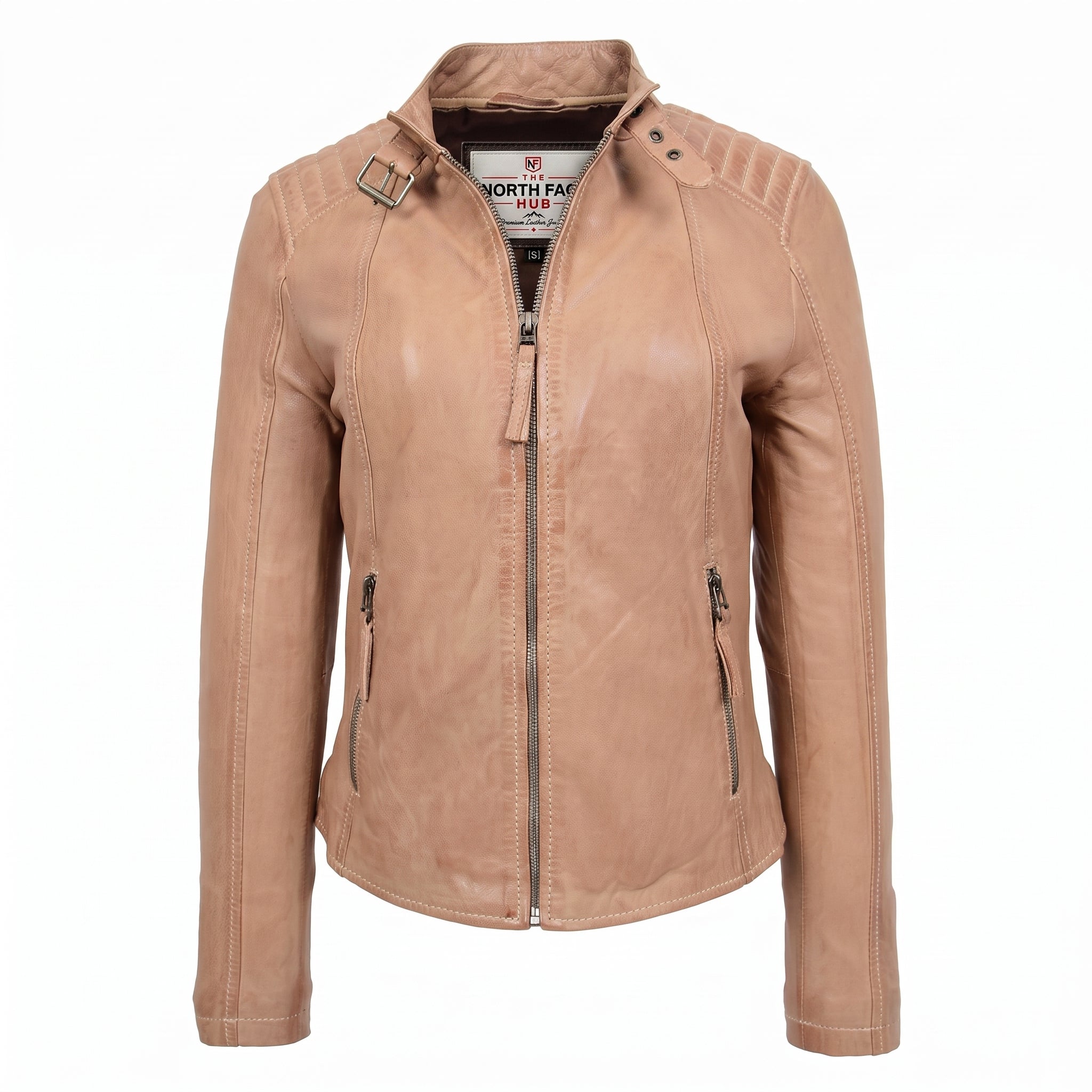 Womens Real Leather Classic Biker Jacket Sophia Luminous Beige