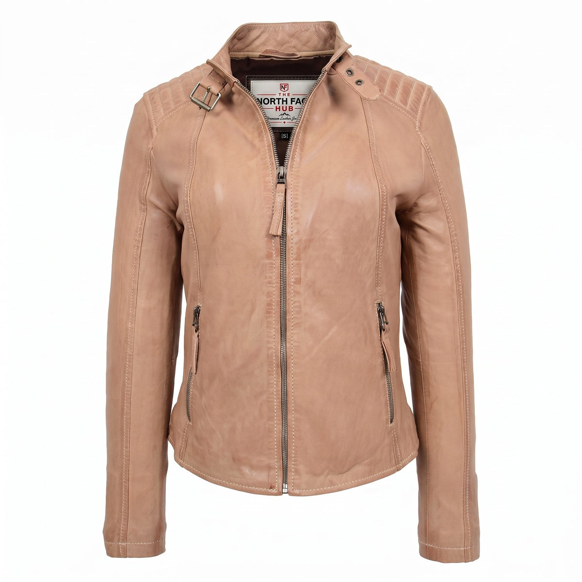 Womens Real Leather Classic Biker Jacket Sophia Luminous Beige