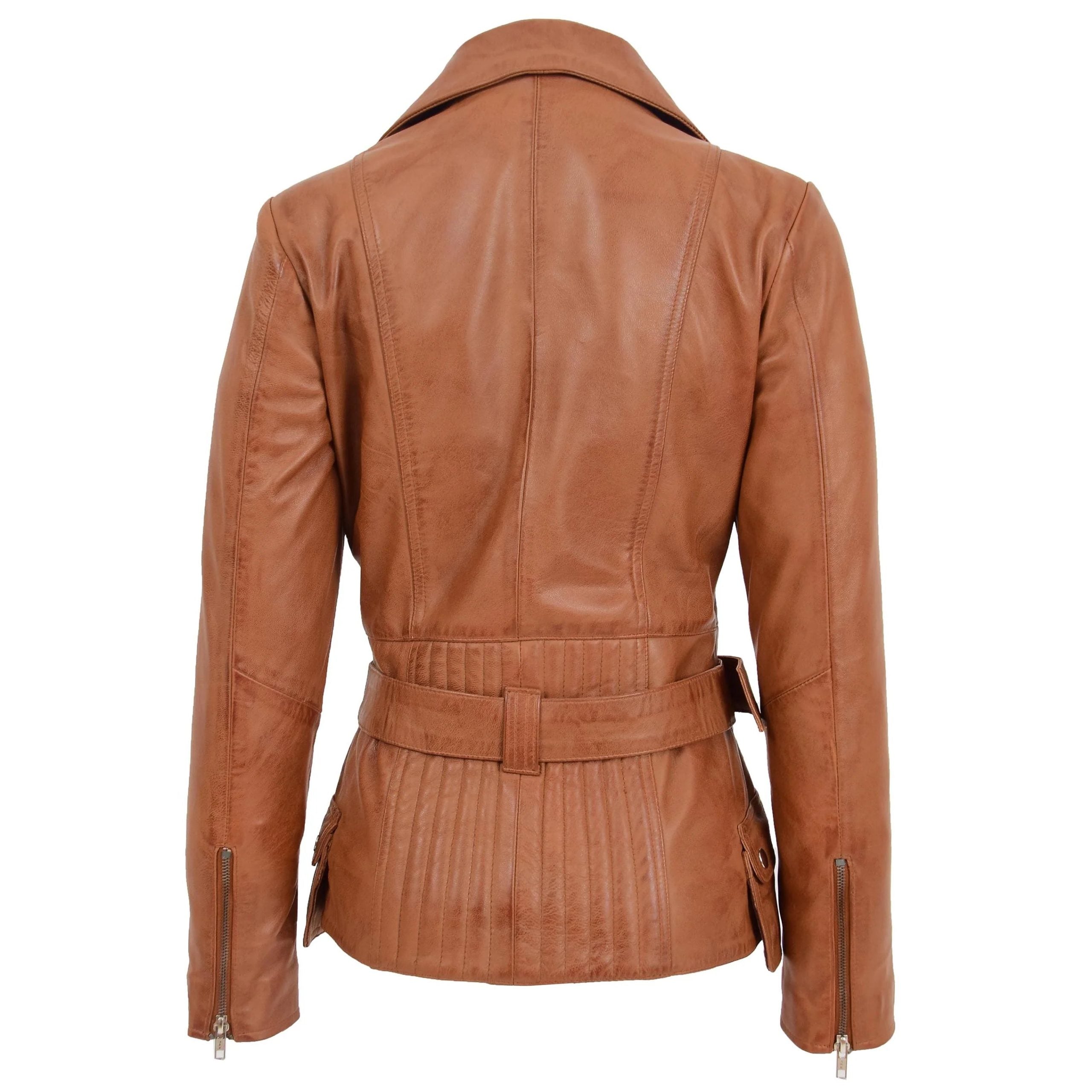 Womens Leather Hip Length Biker Jacket Celia Dynamo Tan