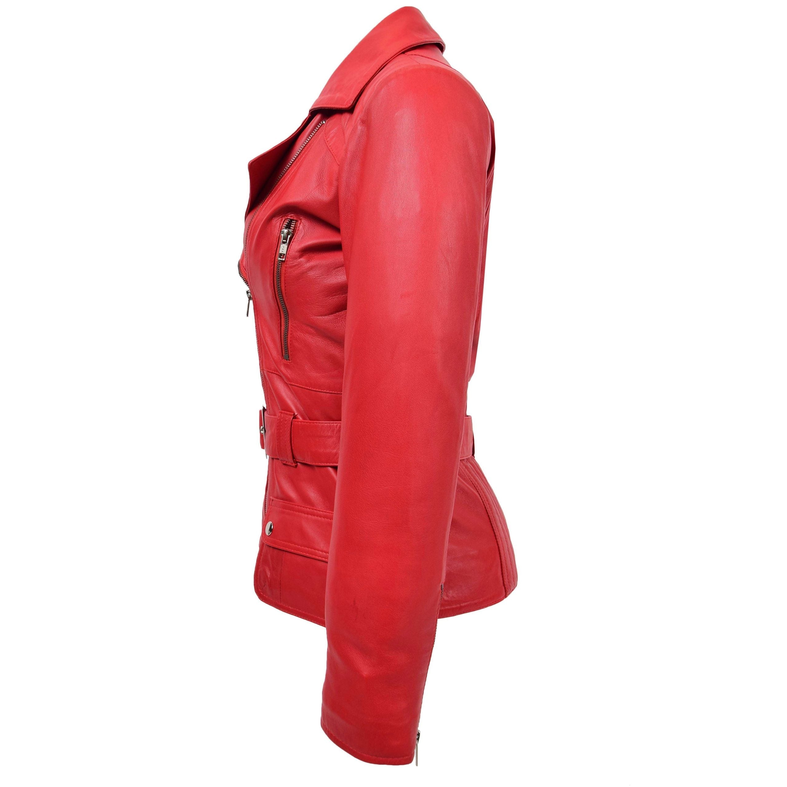 Womens Leather Hip Length Biker Jacket Celia Ignite Red