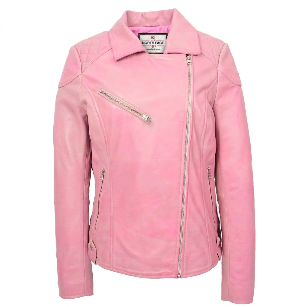 Womens Real Leather Biker Jacket Cross Zip Pockets Cherry Chroma Pink