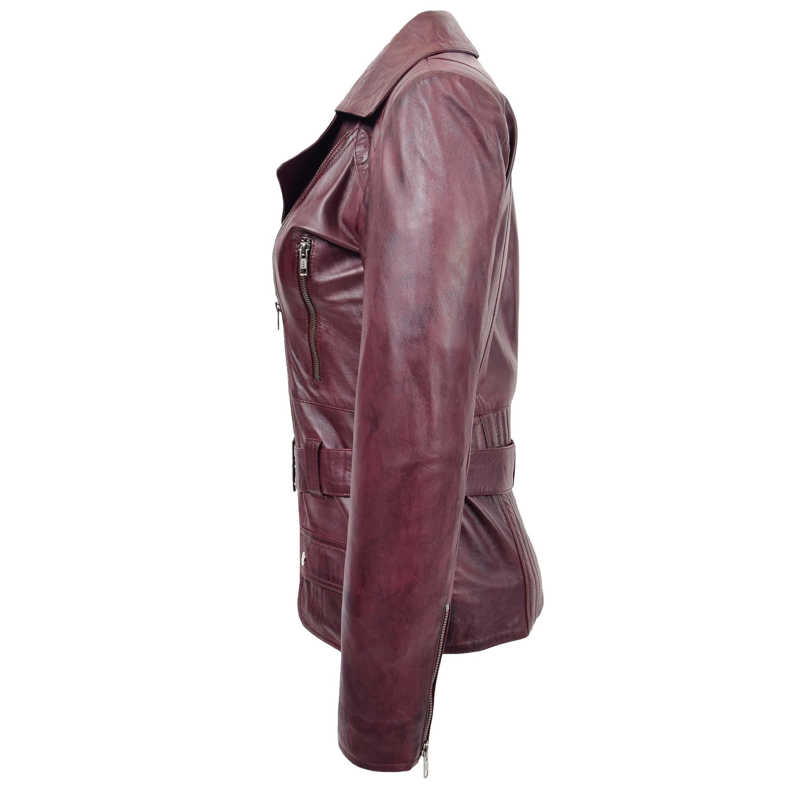 Womens Leather Hip Length Biker Jacket Celia Infinite Burgundy