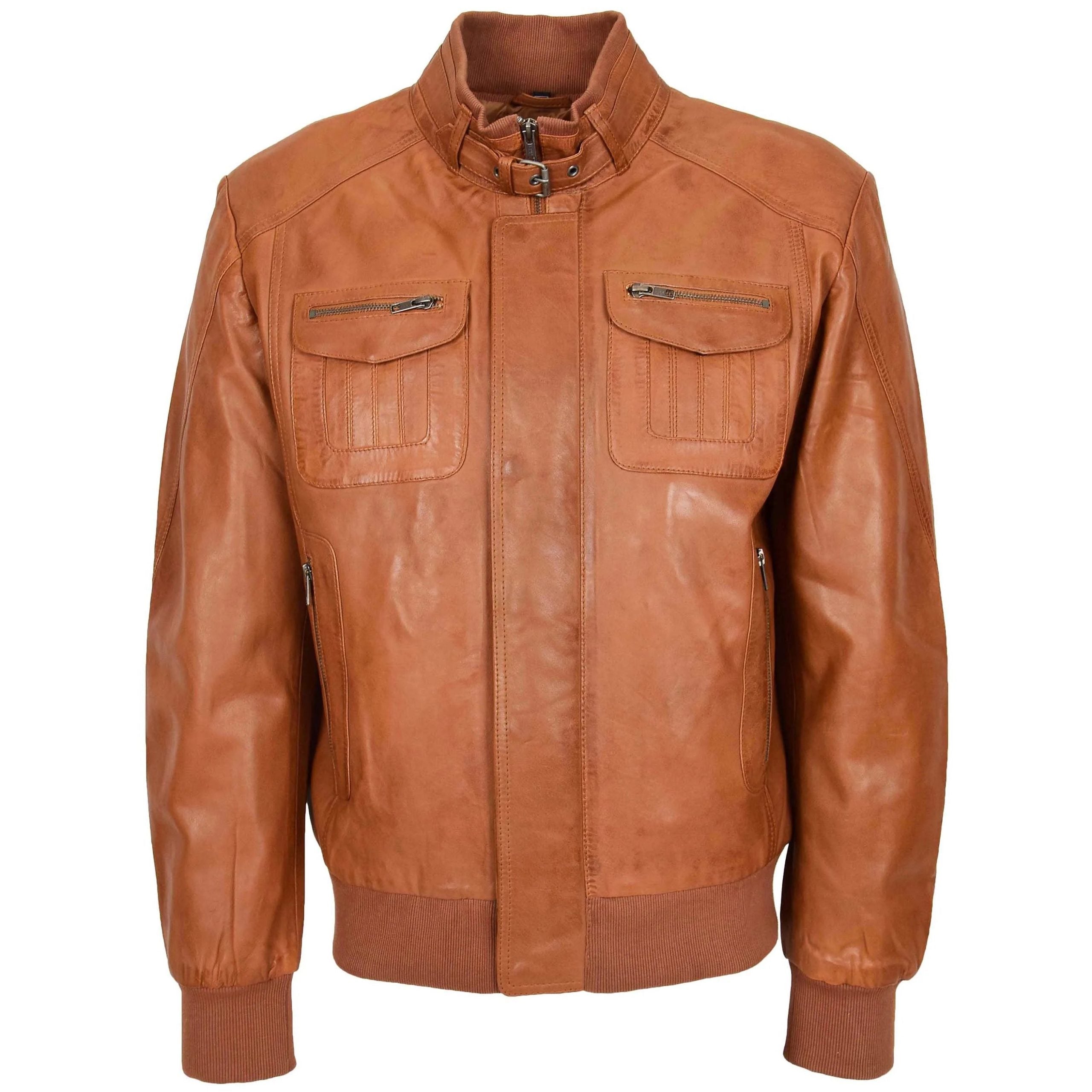 Mens Leather Bomber Flight Jacket Tom Dynamo Tan