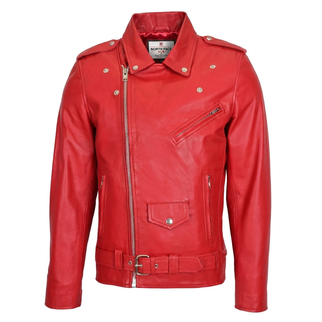 Mens Leather Biker Jacket Brando Style Johnny Dynamo Ignite Red