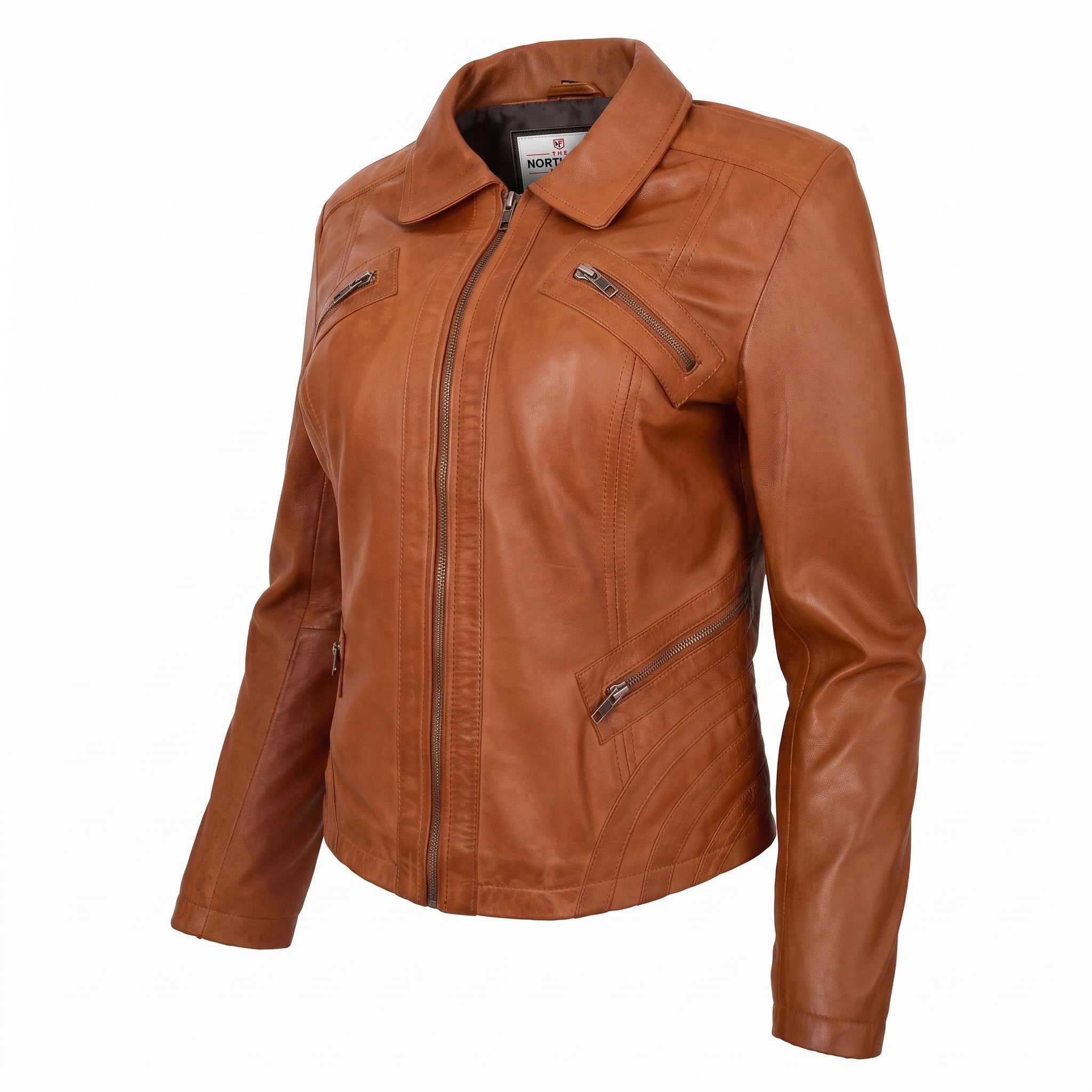 Womens Classic Leather Biker Zip Box Jacket Dynamo Tan