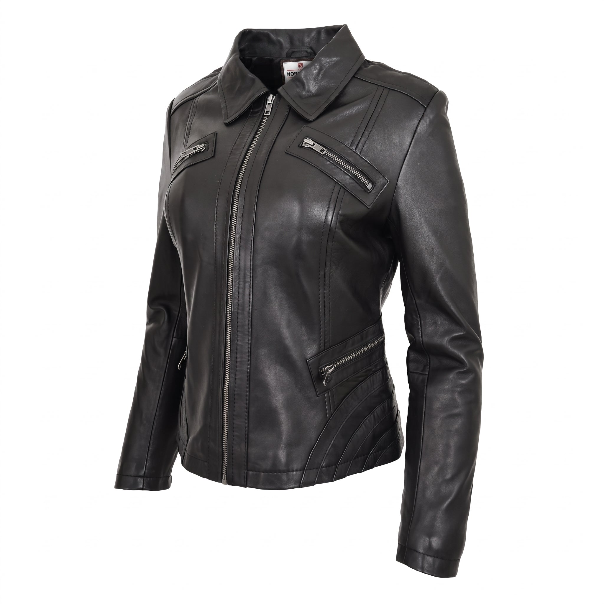 Womens Classic Leather Biker Zip Box Jacket Zenith Brown