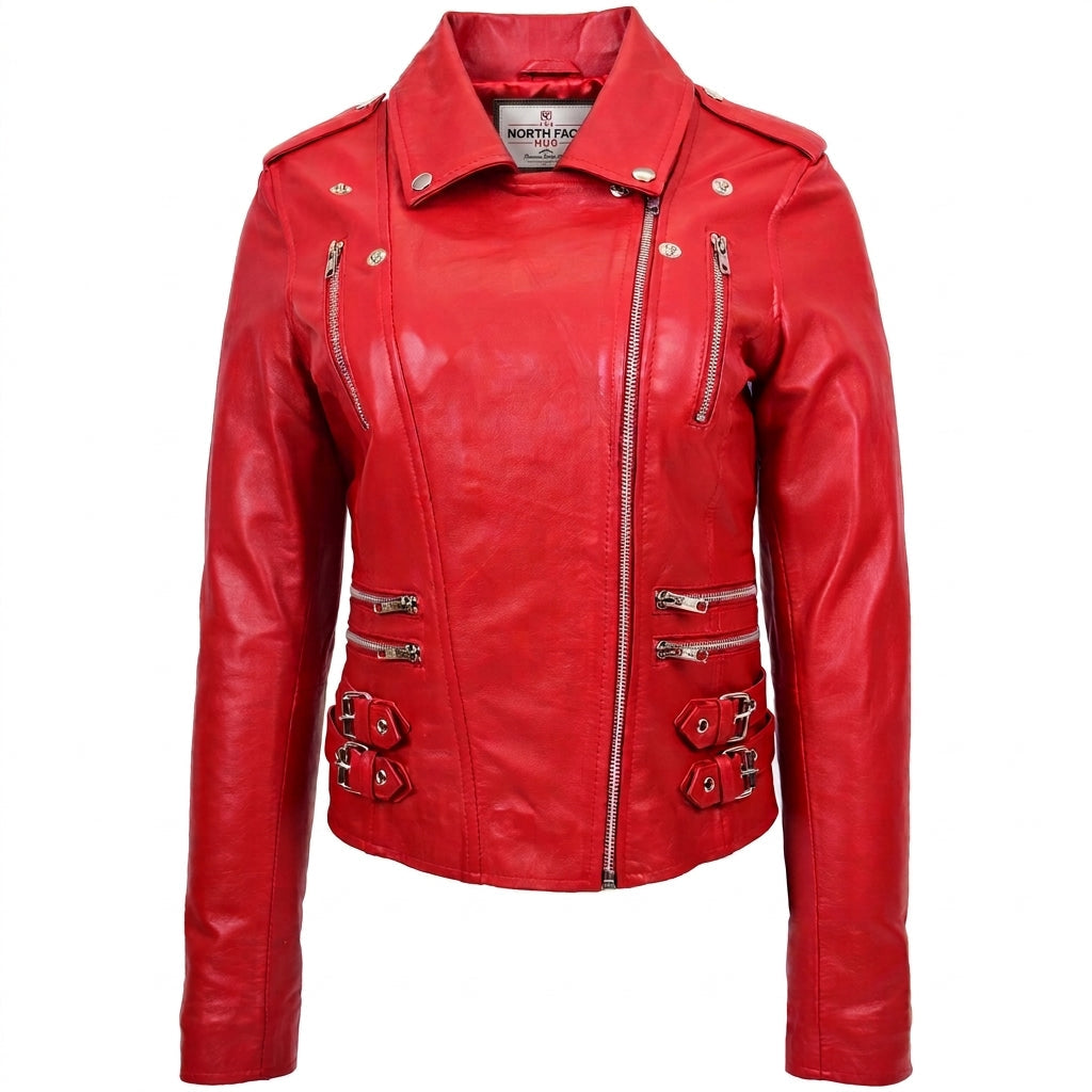 Womens Cross Zip Biker Leather Jacket Cara Ignite Red