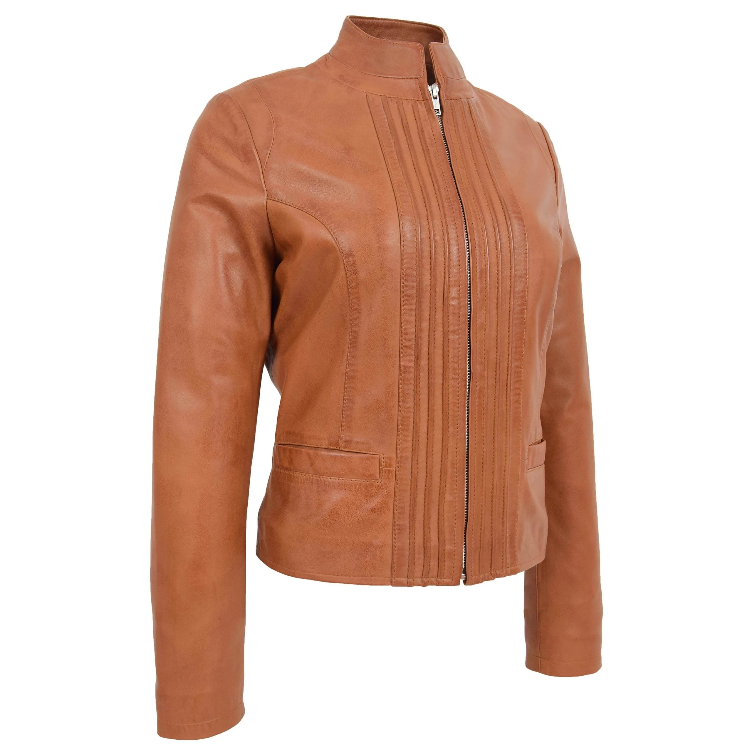 Womens Leather Casual Standing Collar Jacket Dynamo Tan