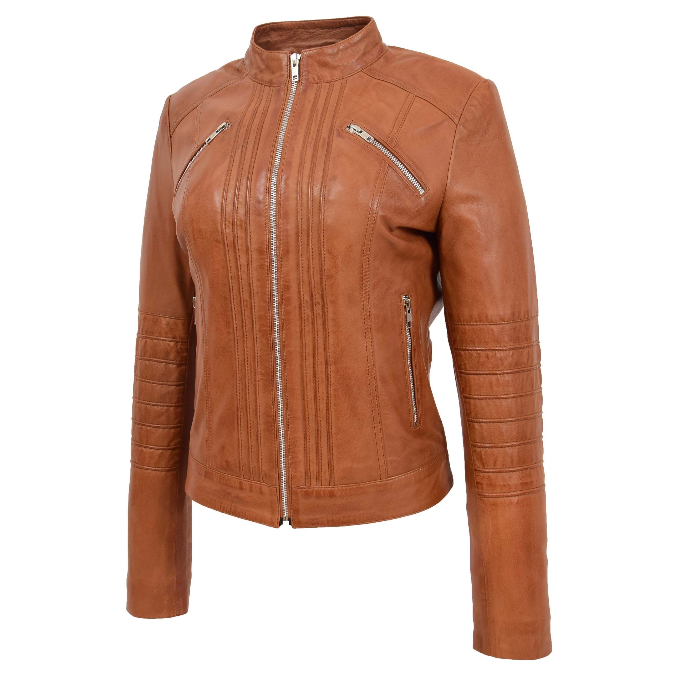 Womens Leather Classic Biker Style Jacket Dynamo Tan