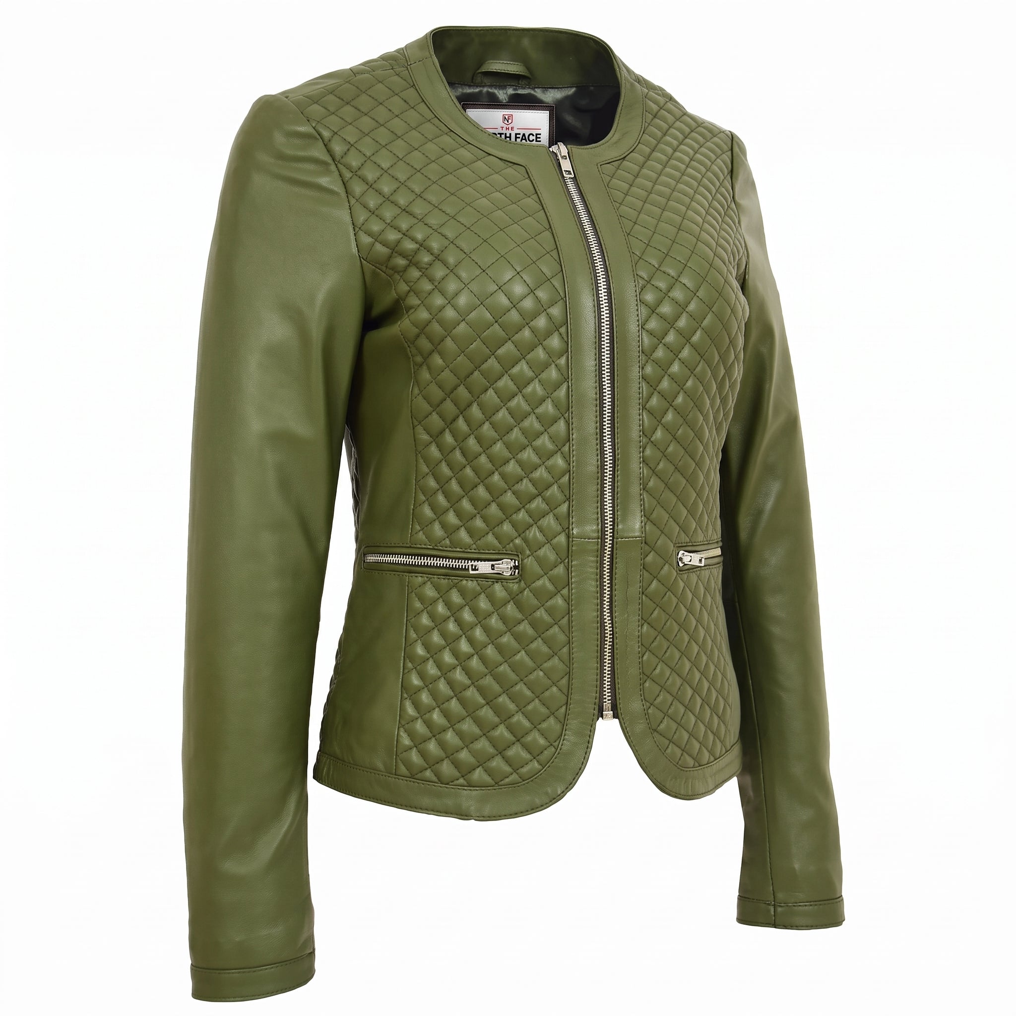 Womens Leather Collarless Jacket with Quilt Design Joan Aurora Olive Green