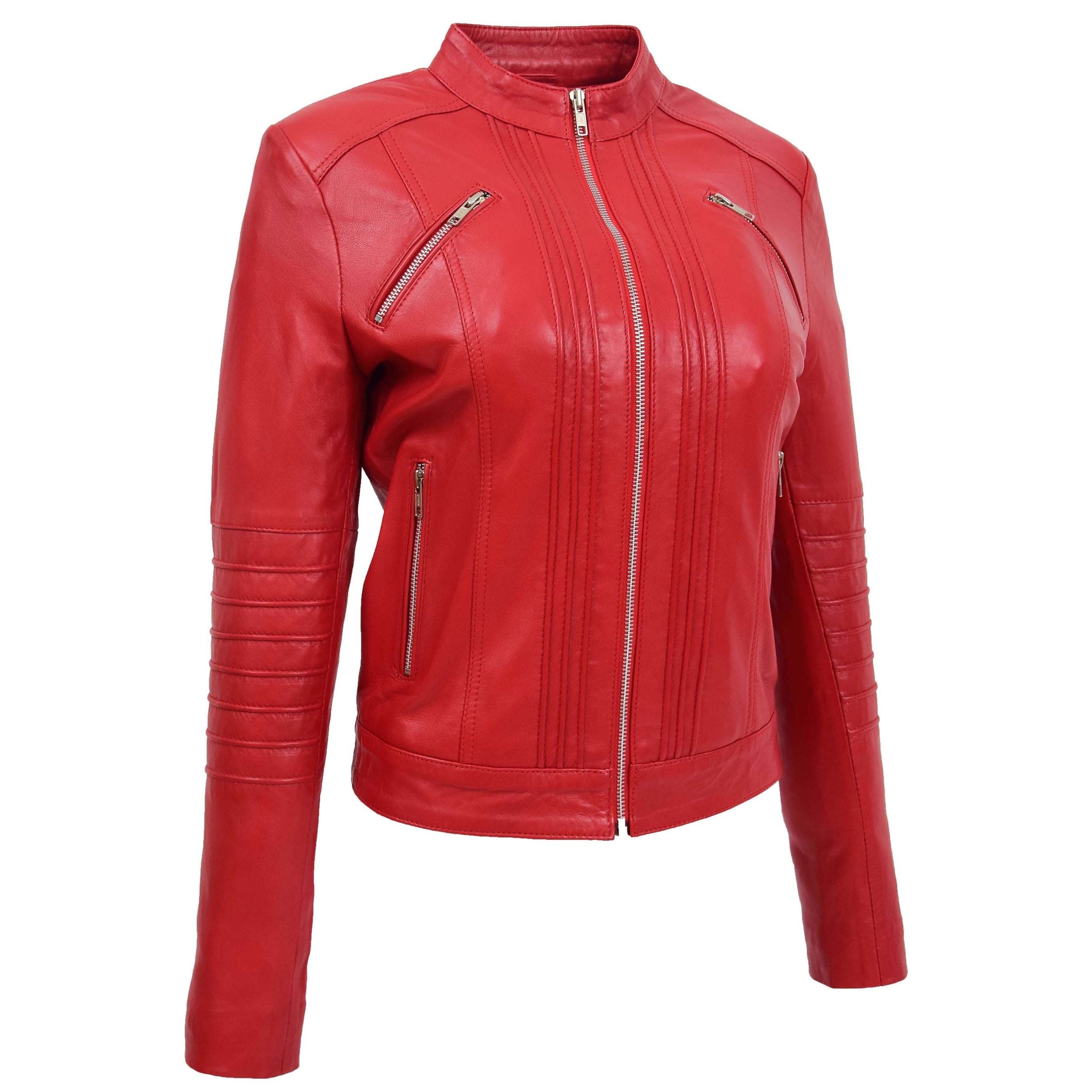Womens Leather Classic Biker Style Jacket Ignite Red