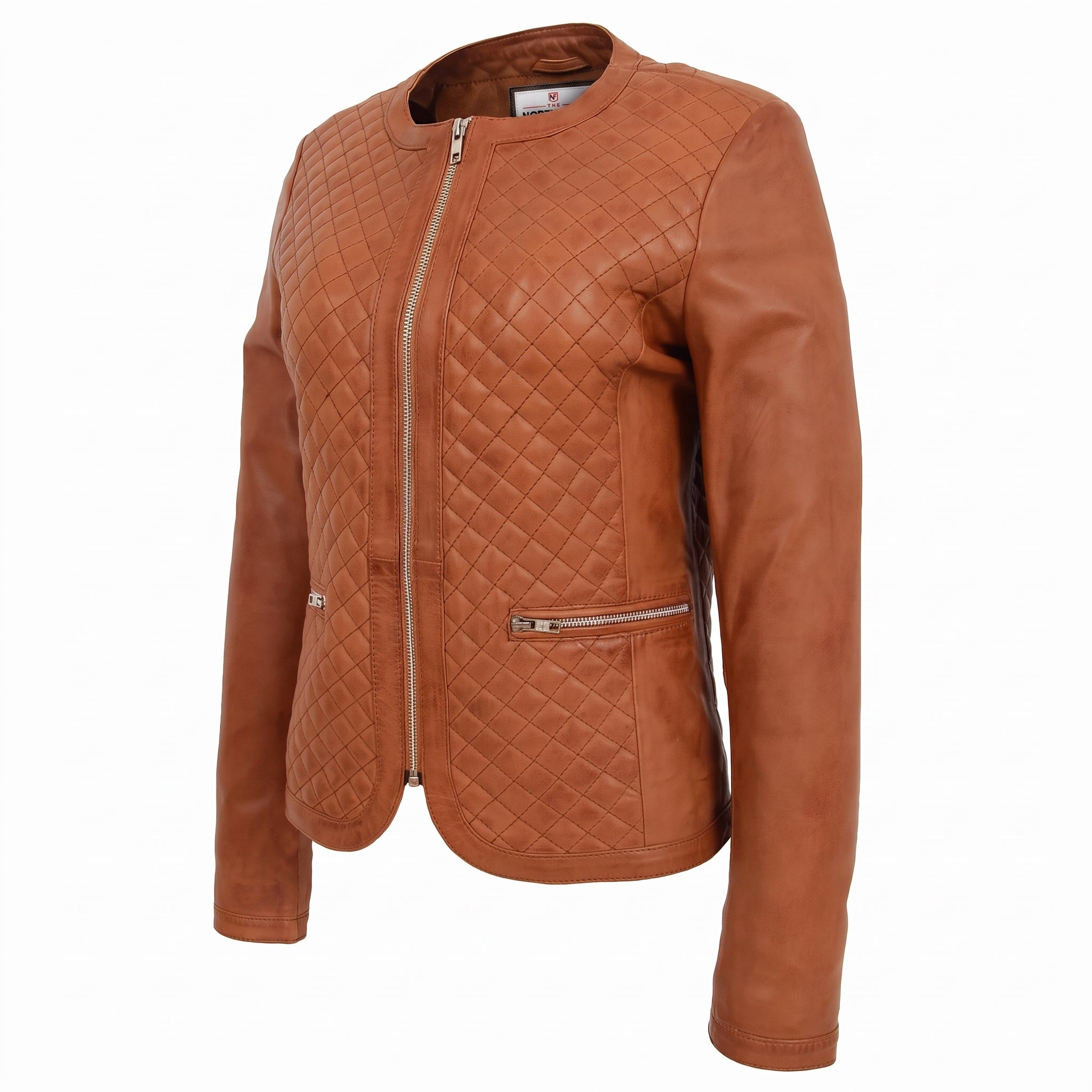 Womens Leather Collarless Jacket with Quilt Design Joan Dynamo Tan