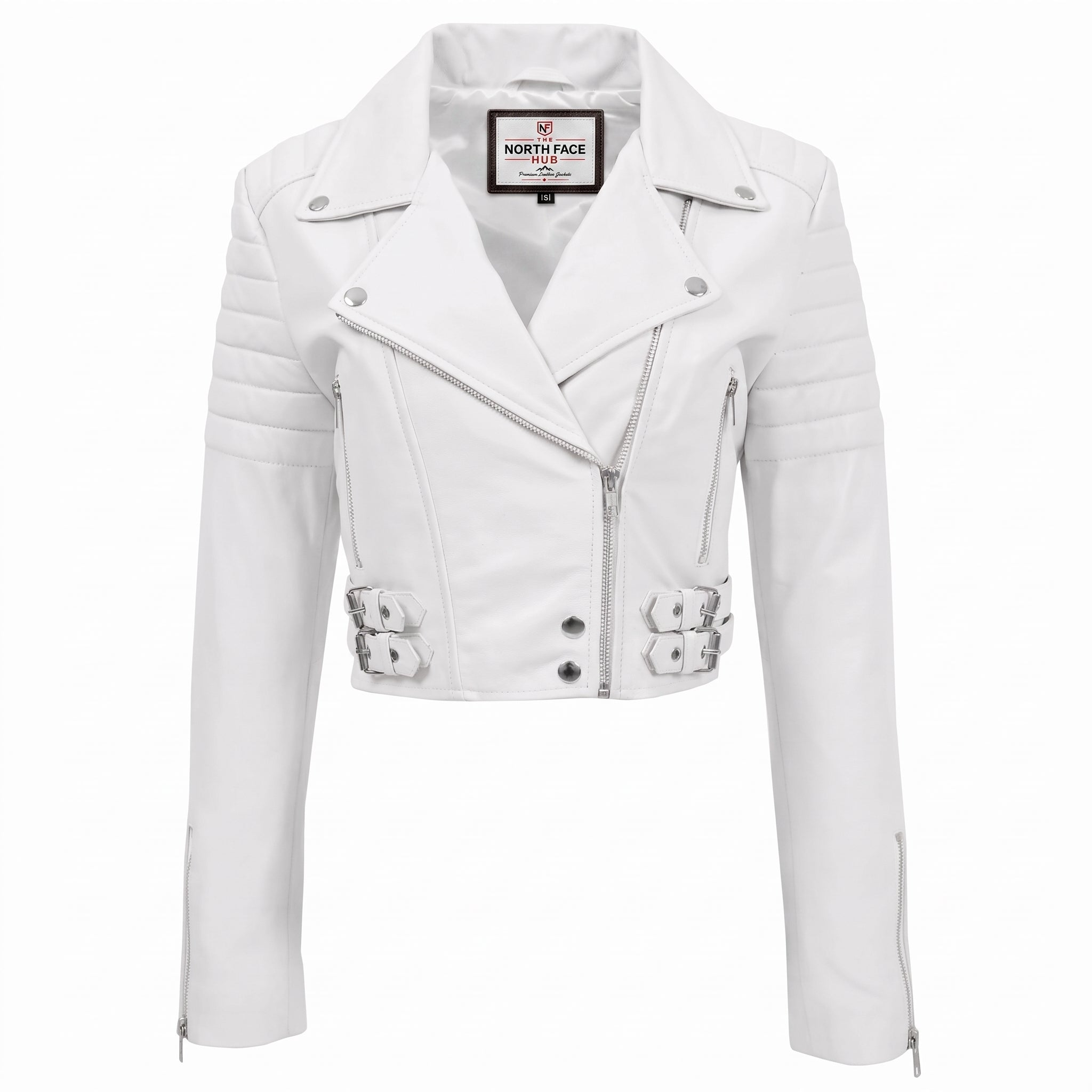 Womens Leather Cropped Biker Style Jacket Demi Astral White