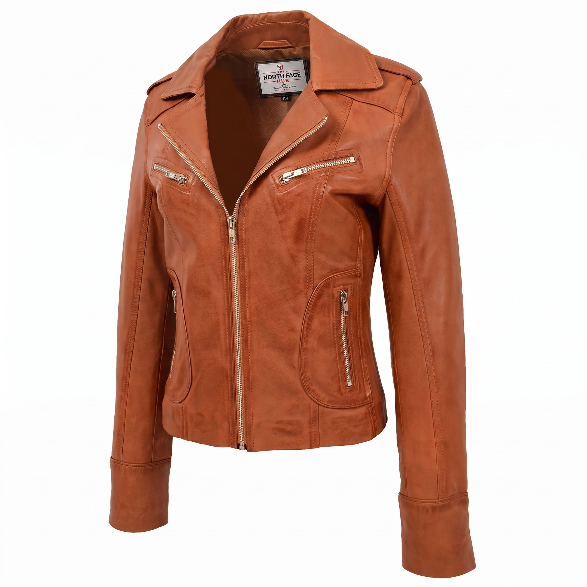 Womens Leather Fitted Biker Style Jacket Kim Dynamo Tan