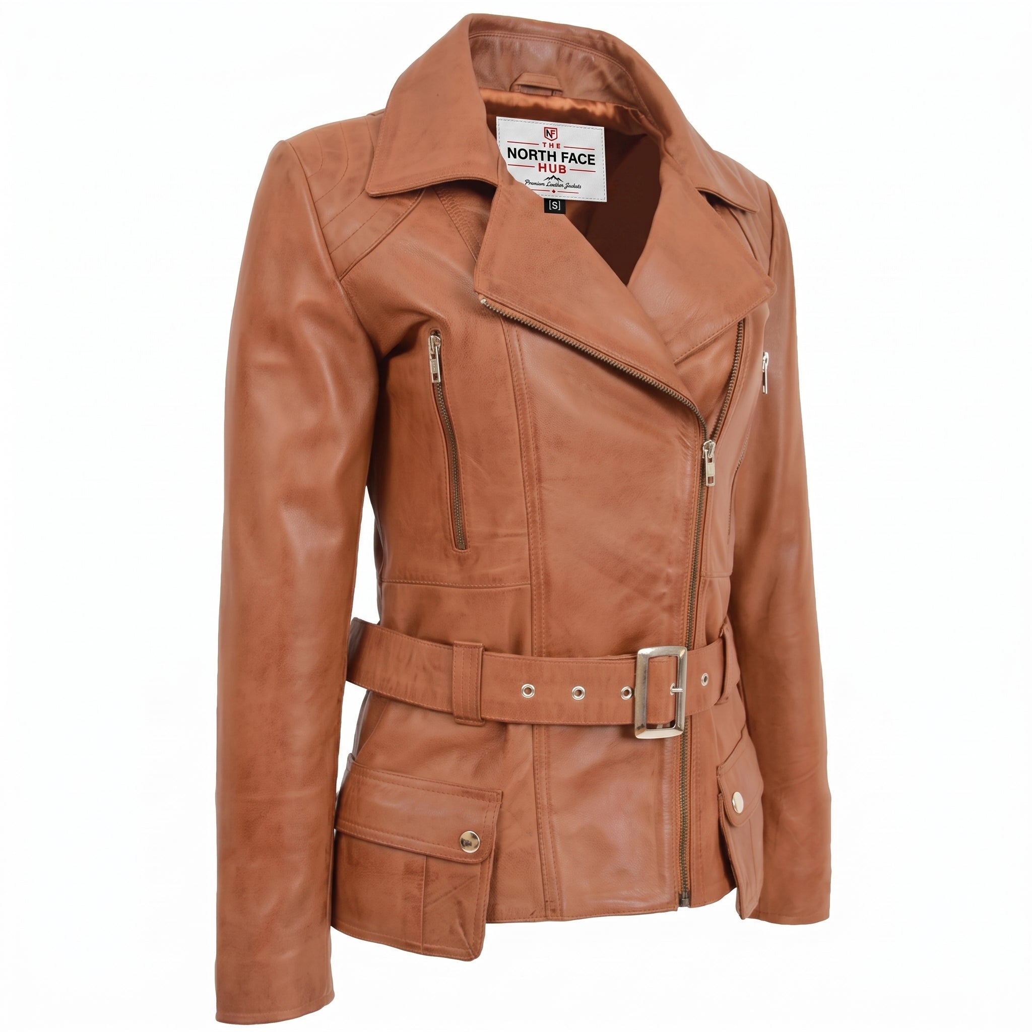Womens Leather Hip Length Biker Jacket Celia Dynamo Tan