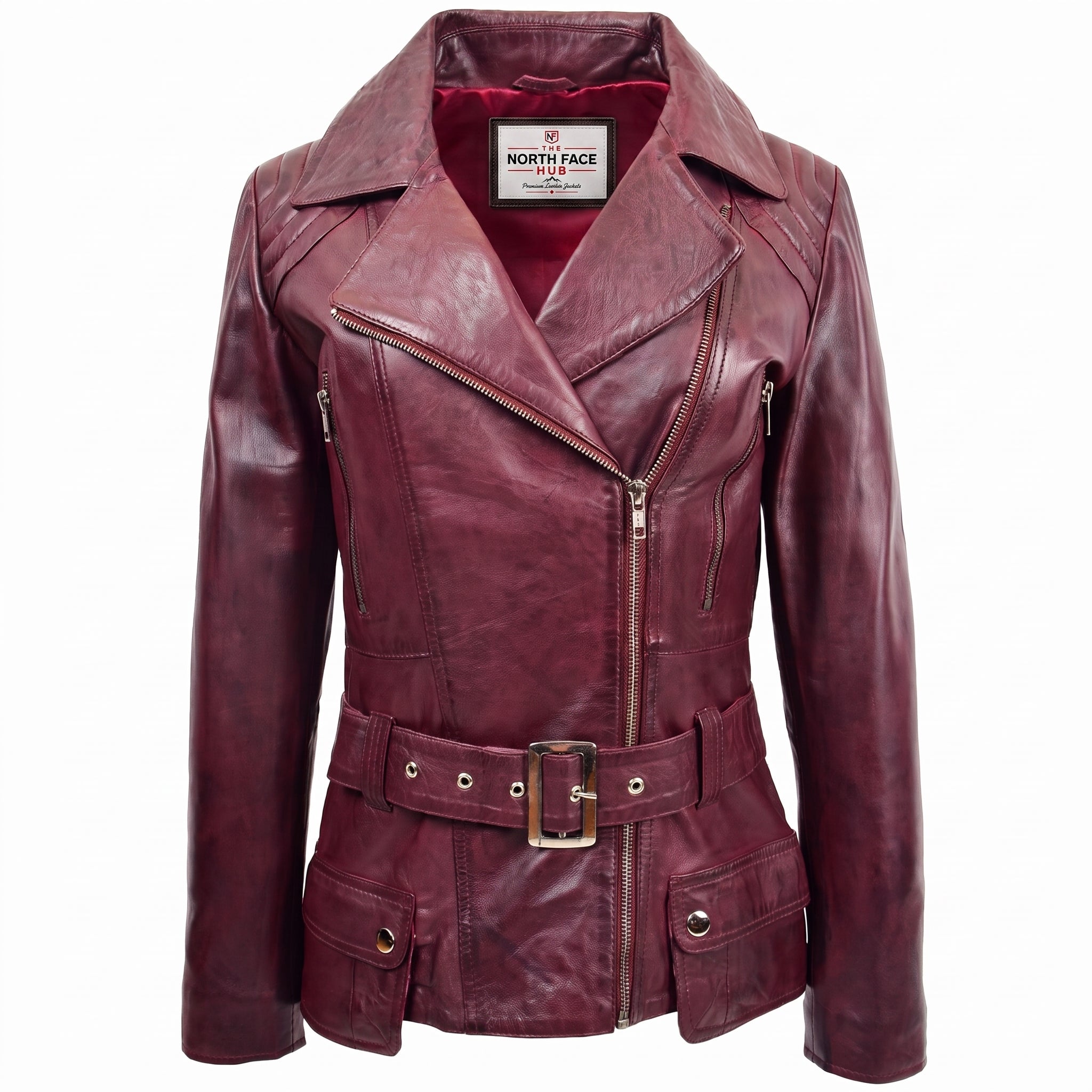 Womens Leather Hip Length Biker Jacket Celia Infinite Burgundy