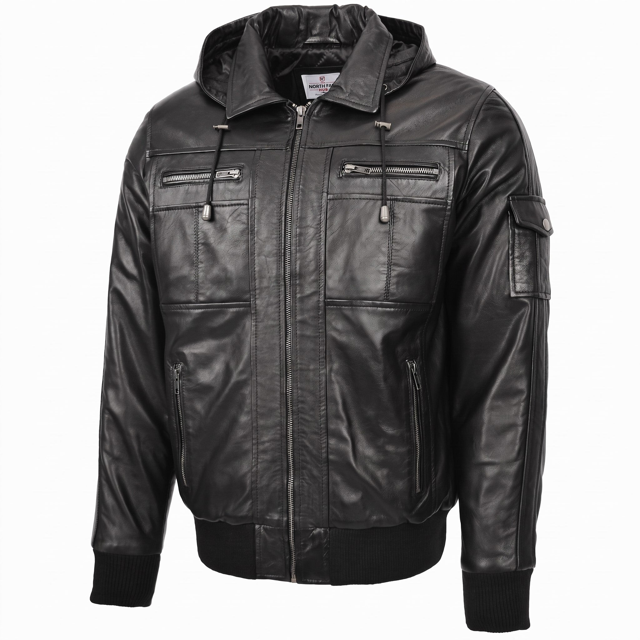 Mens Leather Bomber Jacket with Hoodie Bronx Nova Black