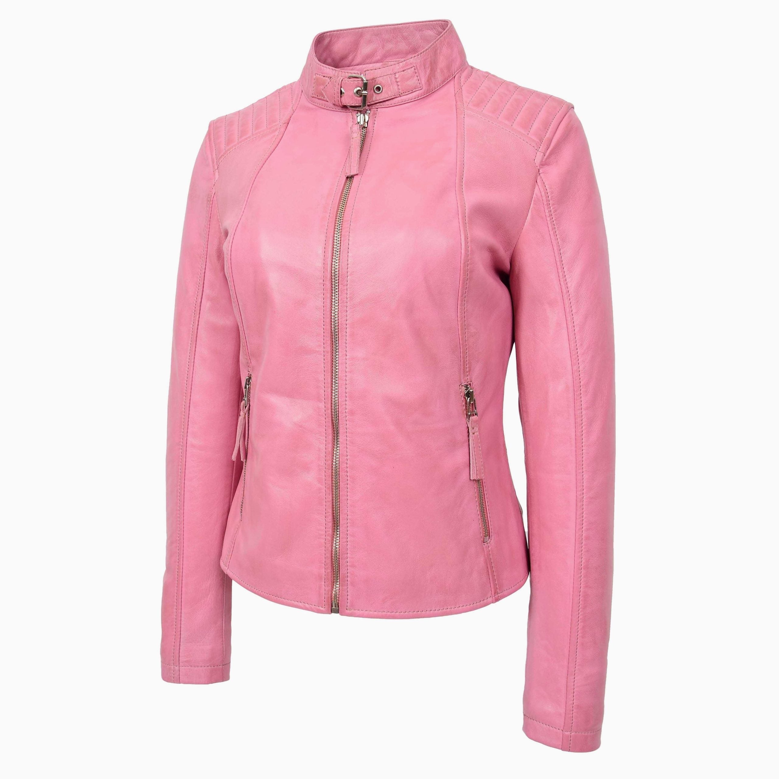 Womens Real Leather Classic Biker Jacket Sophia Baby Chroma Pink