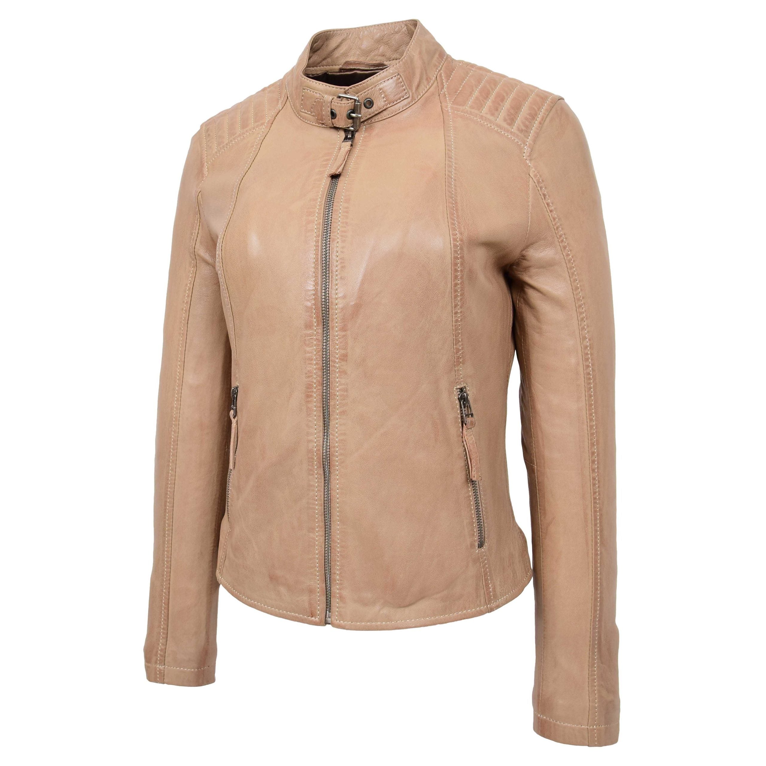 Womens Real Leather Classic Biker Jacket Sophia Luminous Beige