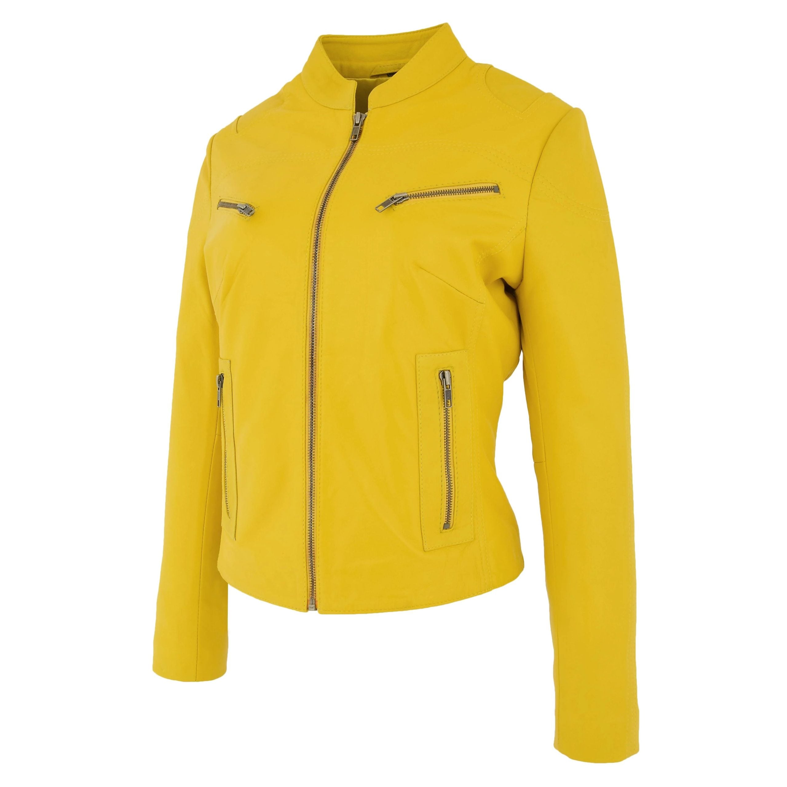 Womens Leather Standing Collar Jacket Becky Vivid Yellow