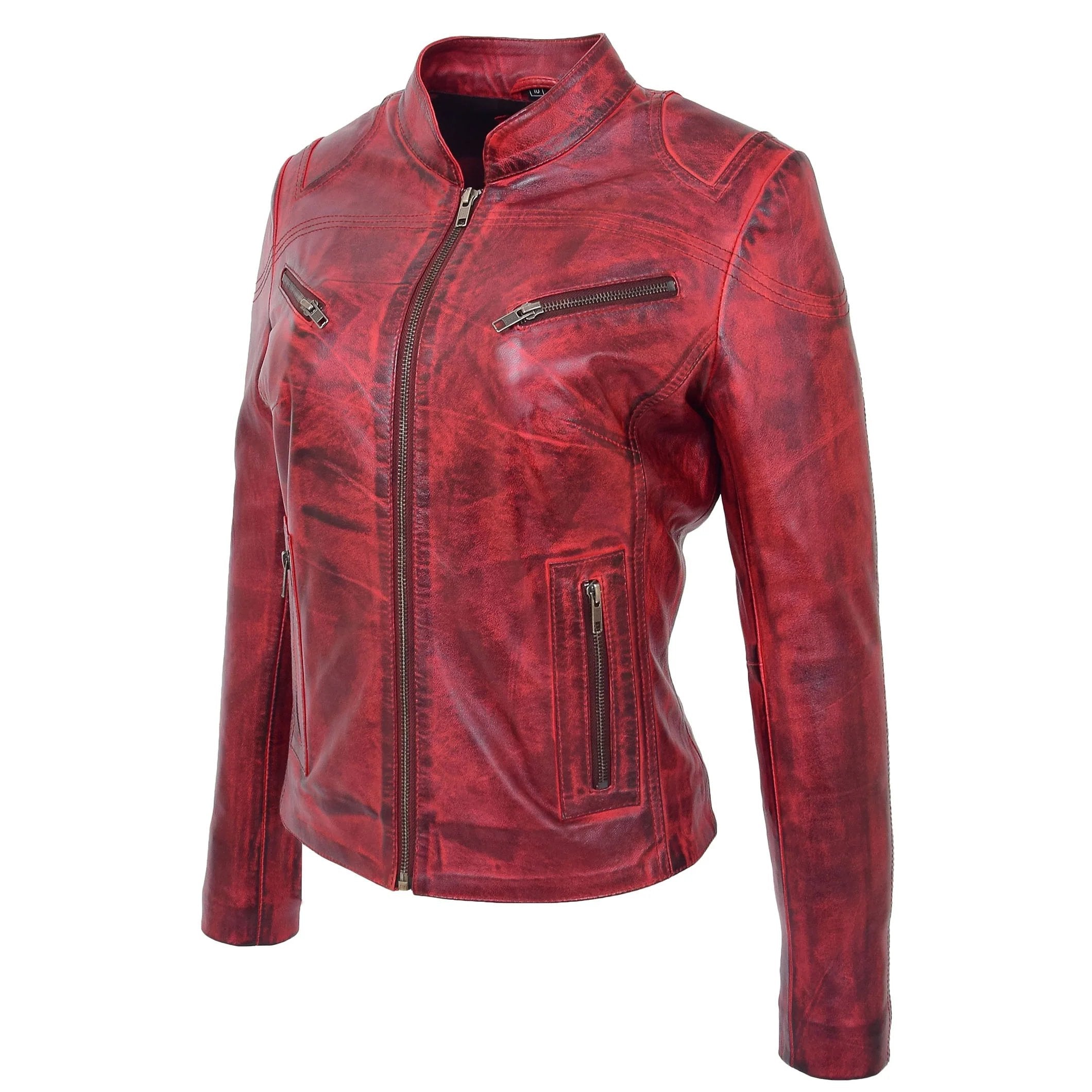 Womens Leather Standing Collar Jacket Becky Ignite Red