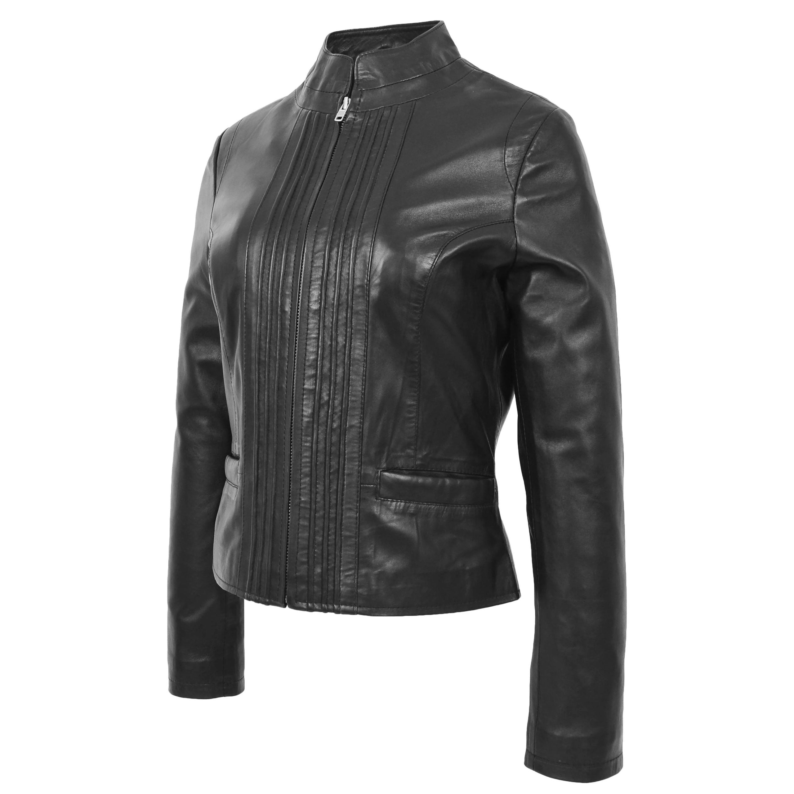 Womens Leather Casual Standing Collar Jacket Nova Black