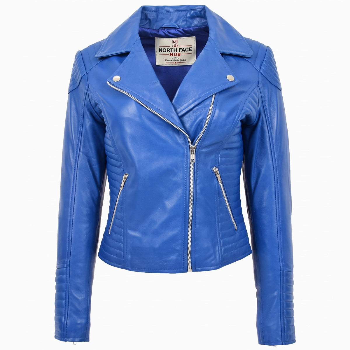 Womens Soft Leather Cross Zip Biker Jacket Anna Radiant Blue