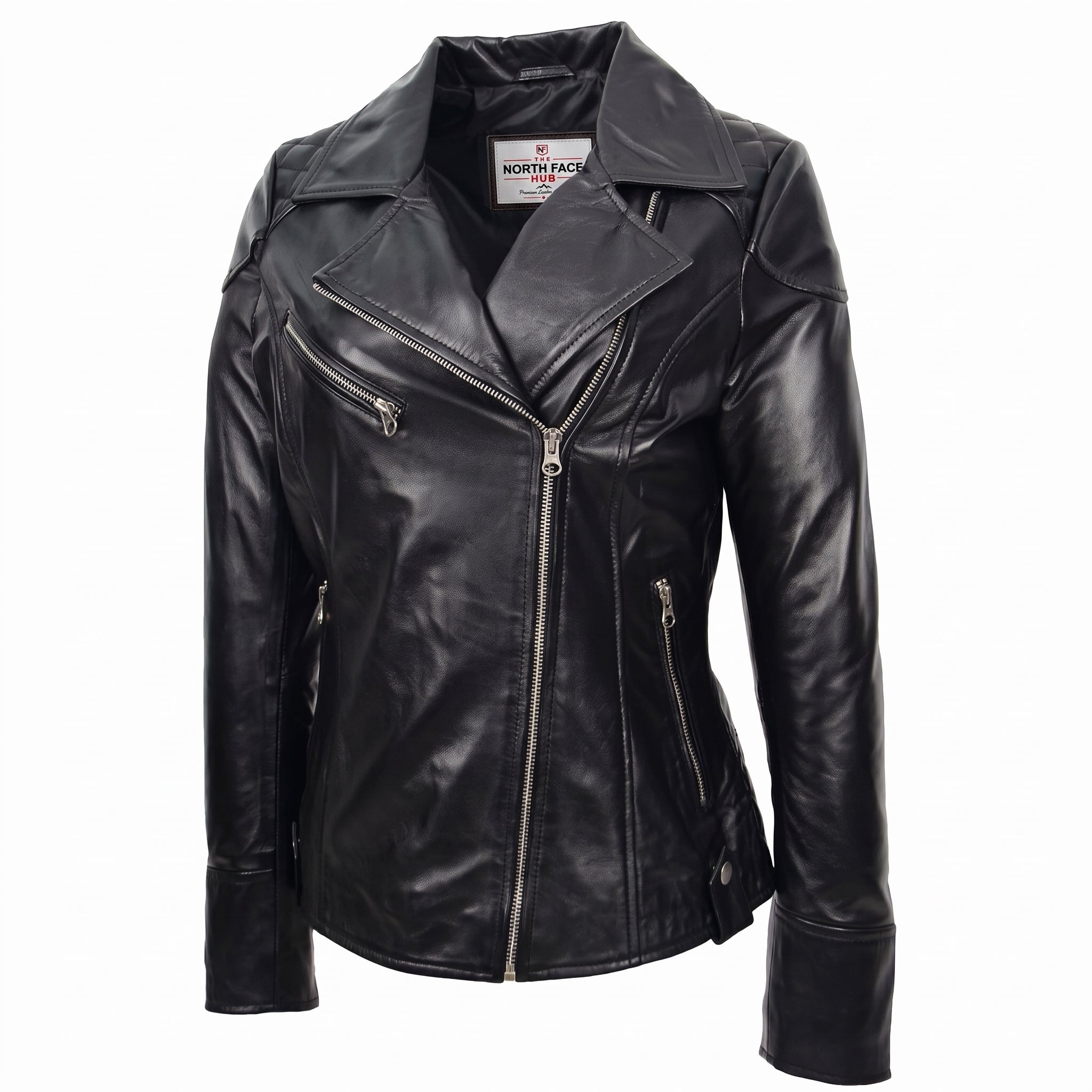 Womens Real Leather Biker Jacket Cross Zip Pockets Cherry Nova Black