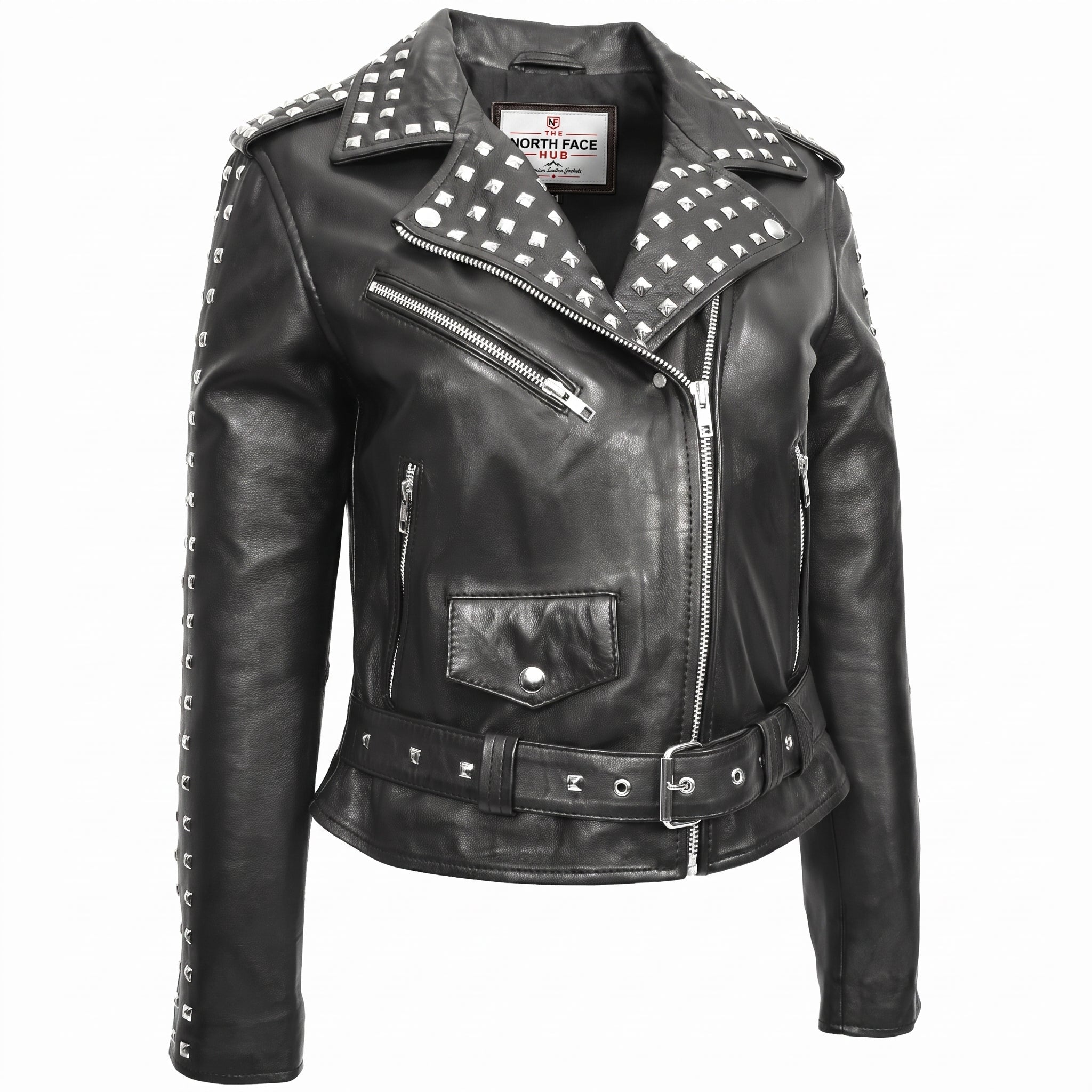 Womens Real Leather Biker Jacket Studded Brando Jacket Heidi Nova Black