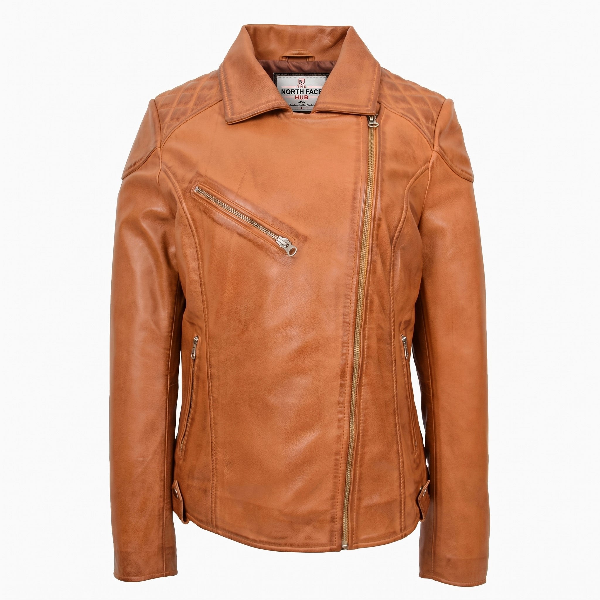 Womens Real Leather Biker Jacket Cross Zip Pockets Cherry Dynamo Tan